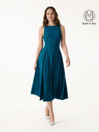 Boatneck Pleated Fit-and-Flare Midi Bra Dress with Pockets