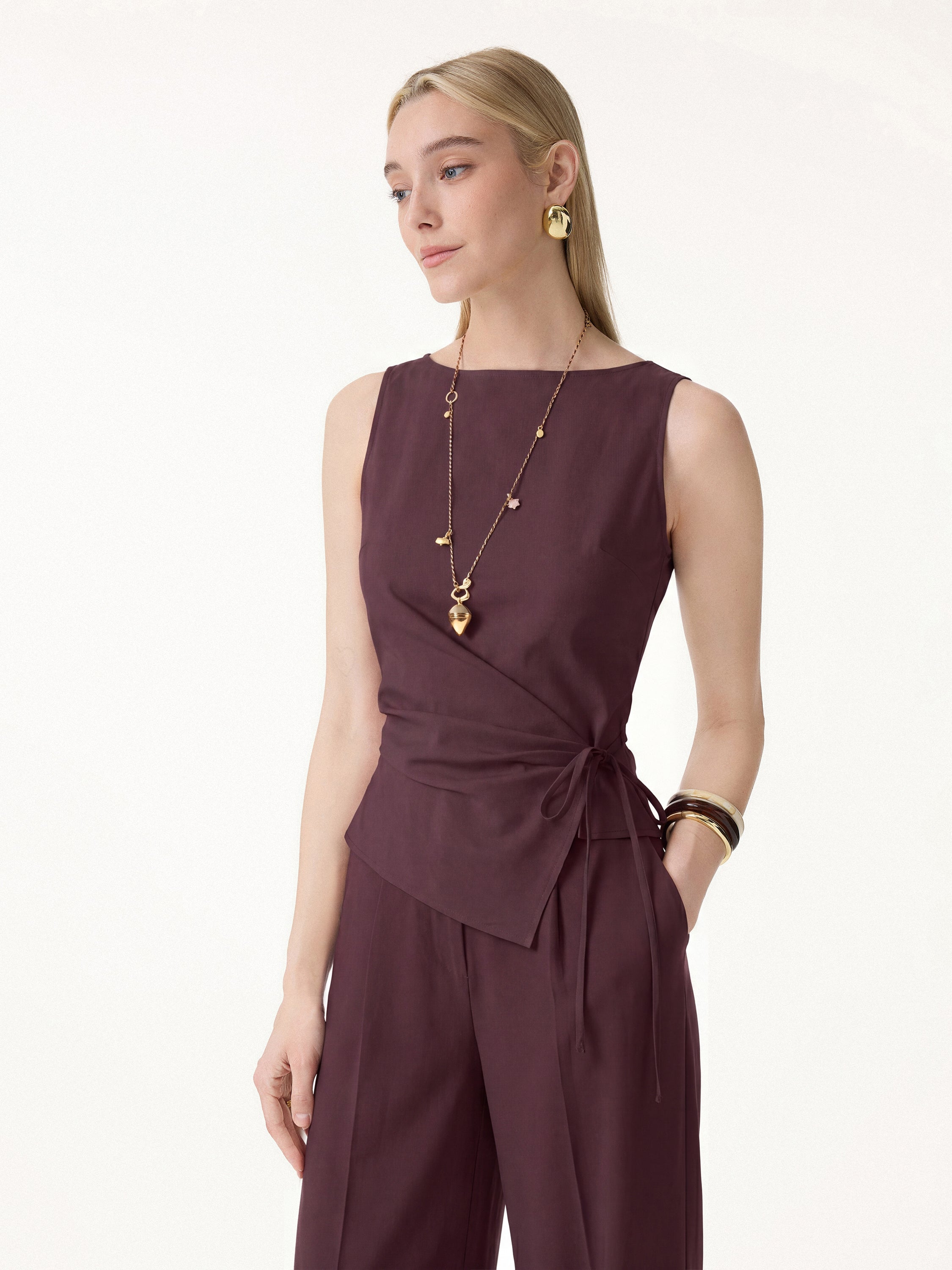 Lyocell-Linen Blend Boatneck Waist-Defined Top