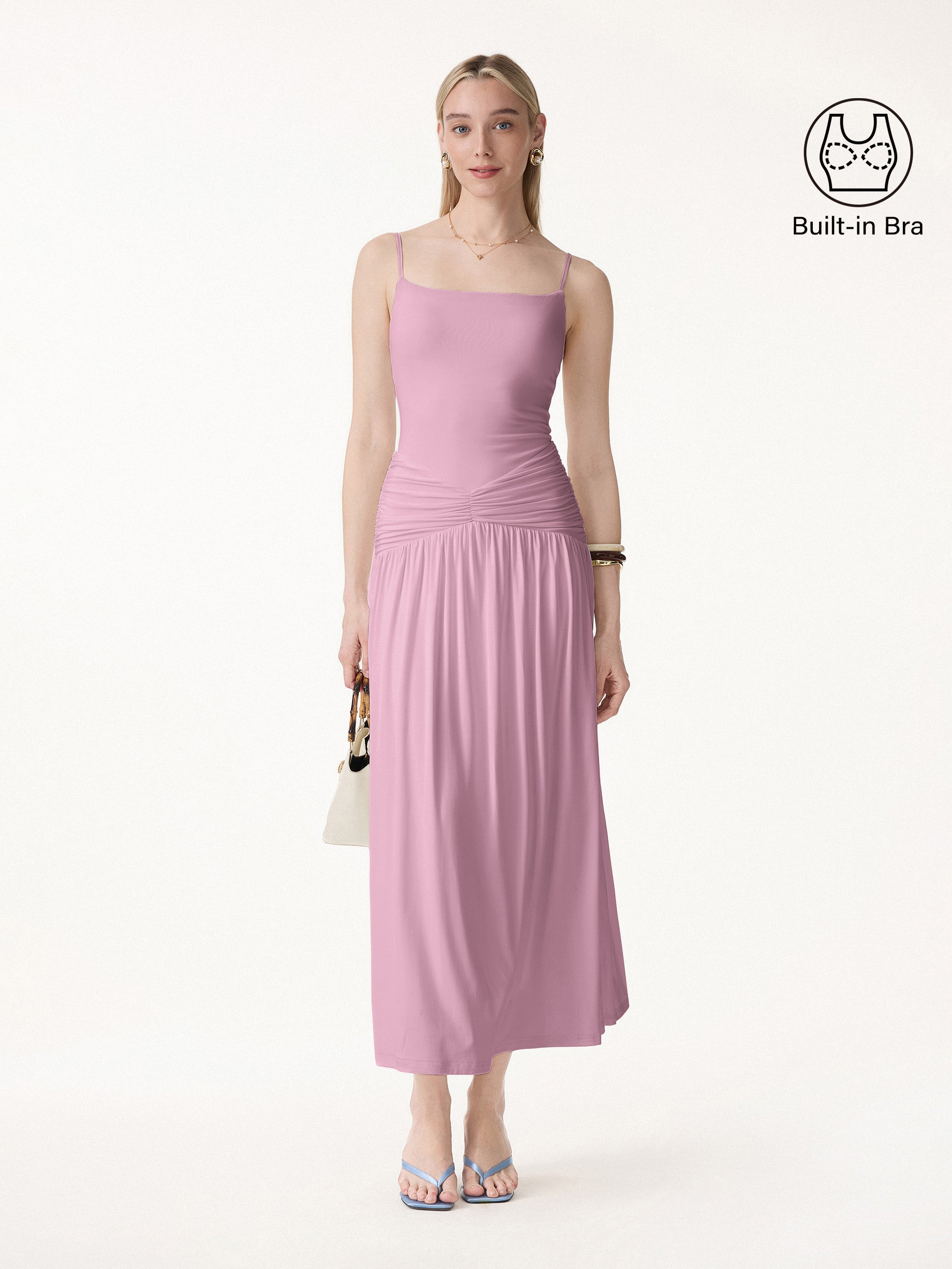 Not-See-Thru Spaghetti Gathered Maxi Bra Dress