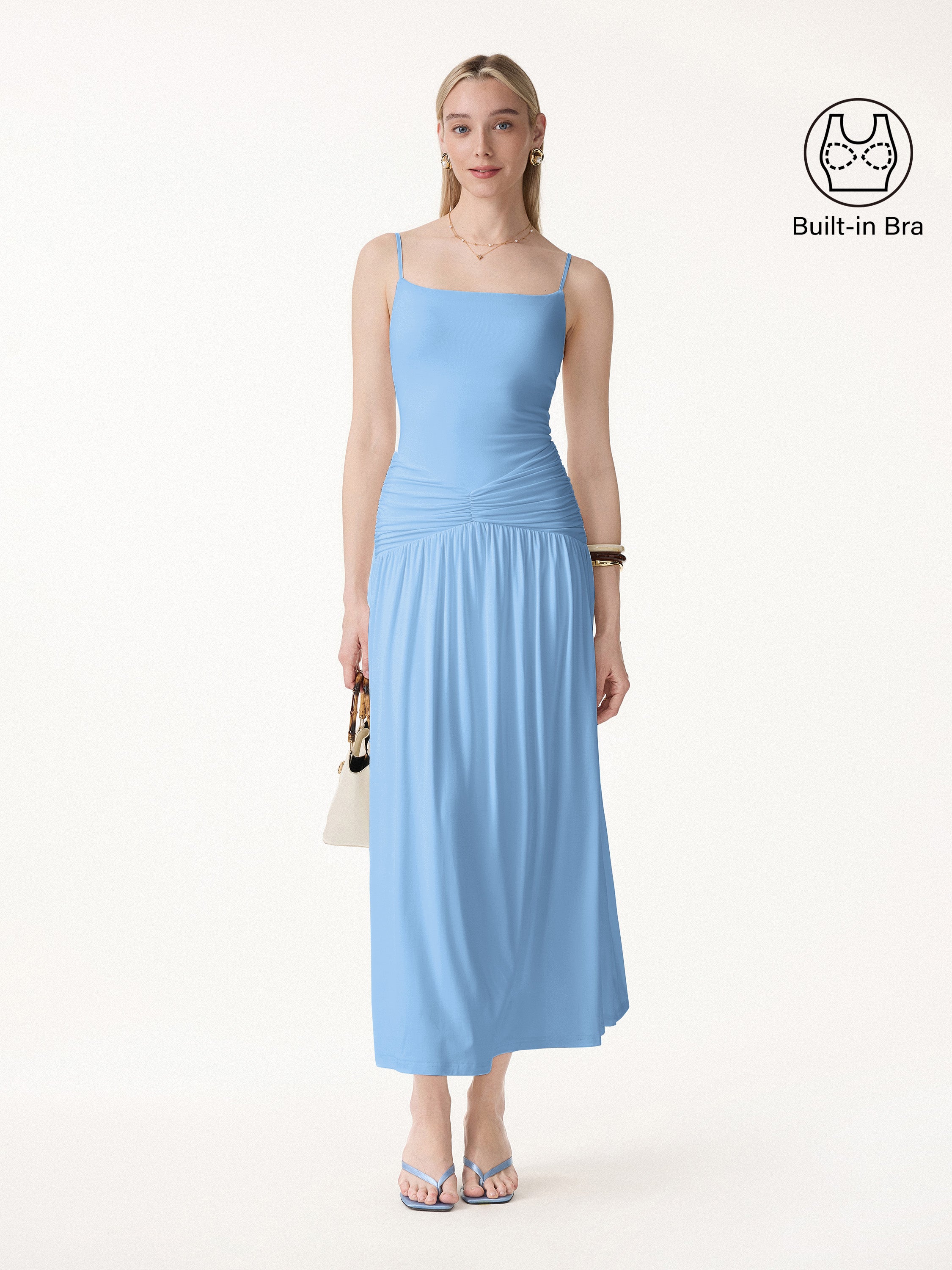 Not-See-Thru Spaghetti Gathered Maxi Bra Dress