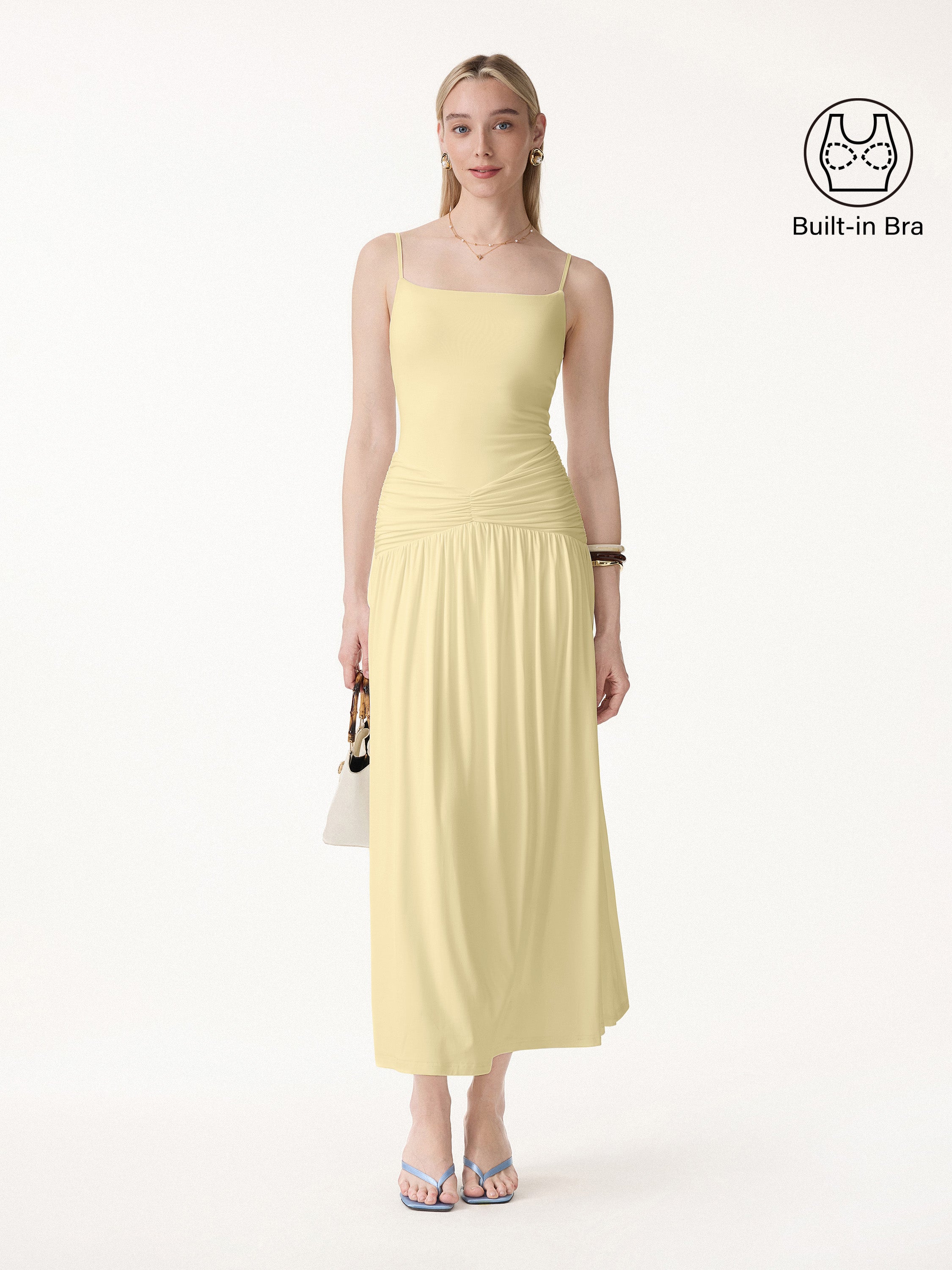 Not-See-Thru Spaghetti Gathered Maxi Bra Dress