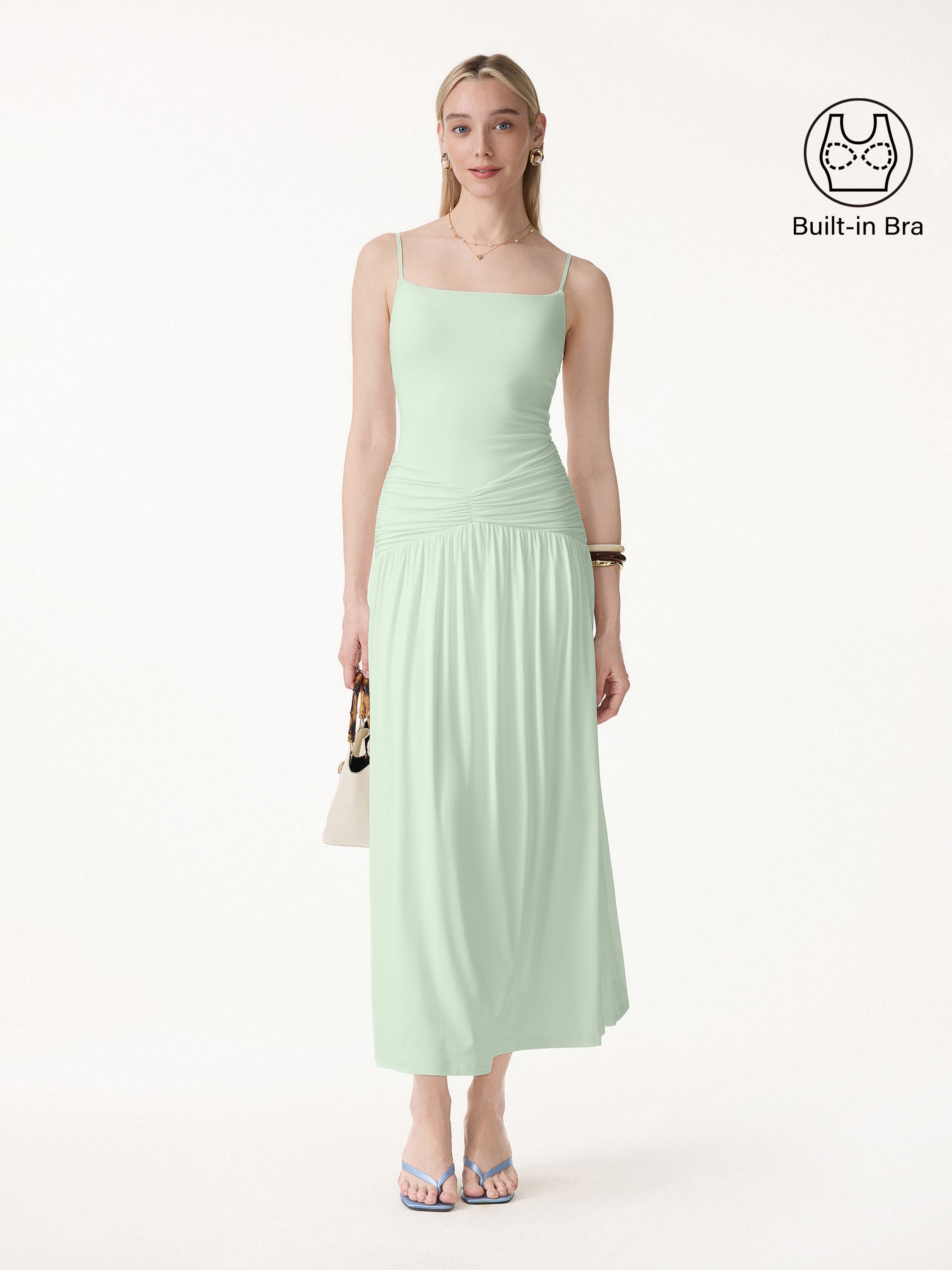Not-See-Thru Spaghetti Gathered Maxi Bra Dress