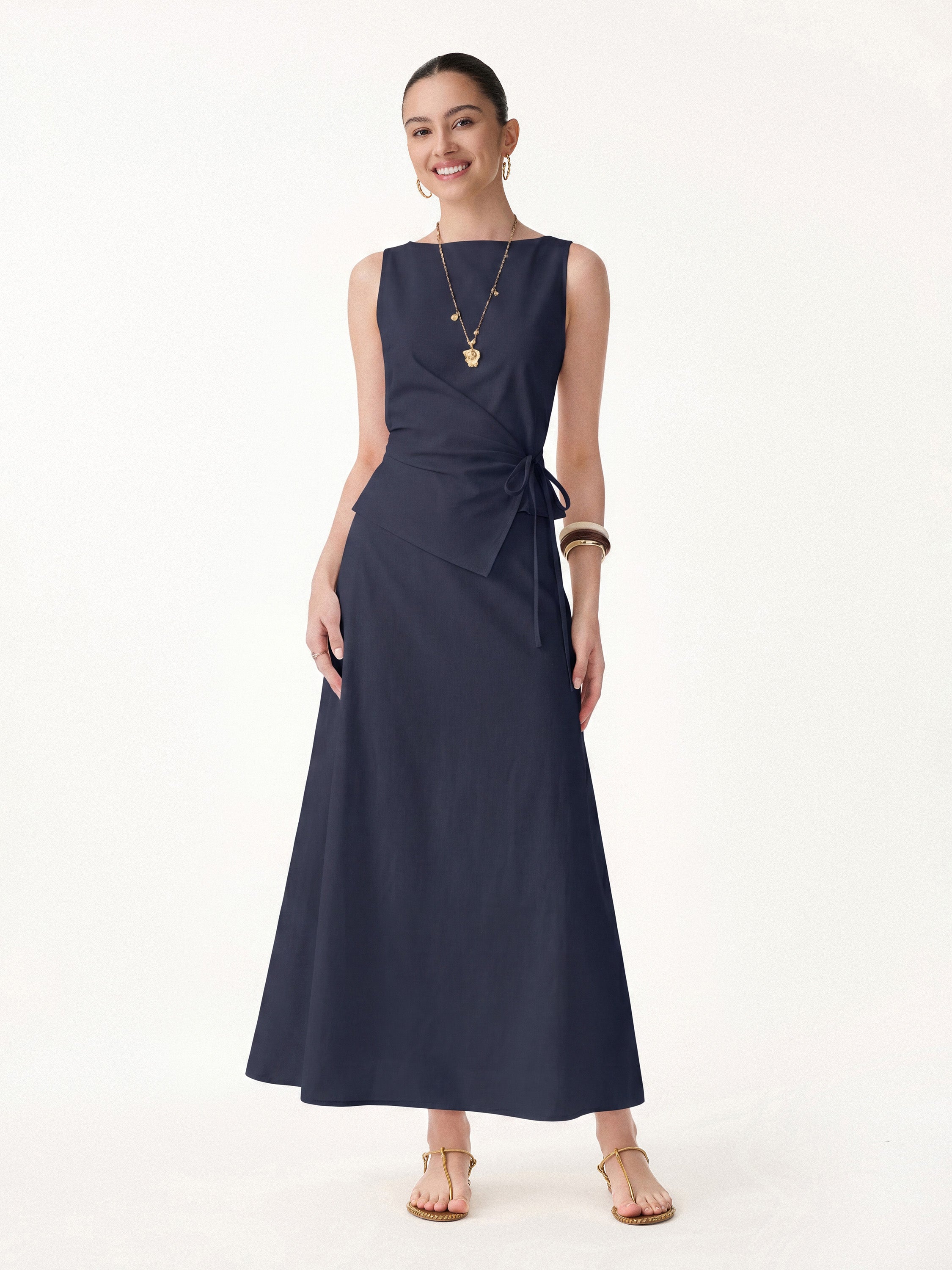 2Pcs Set Boatneck Waist-Defined Top & Maxi Flared Pull-On Skirt