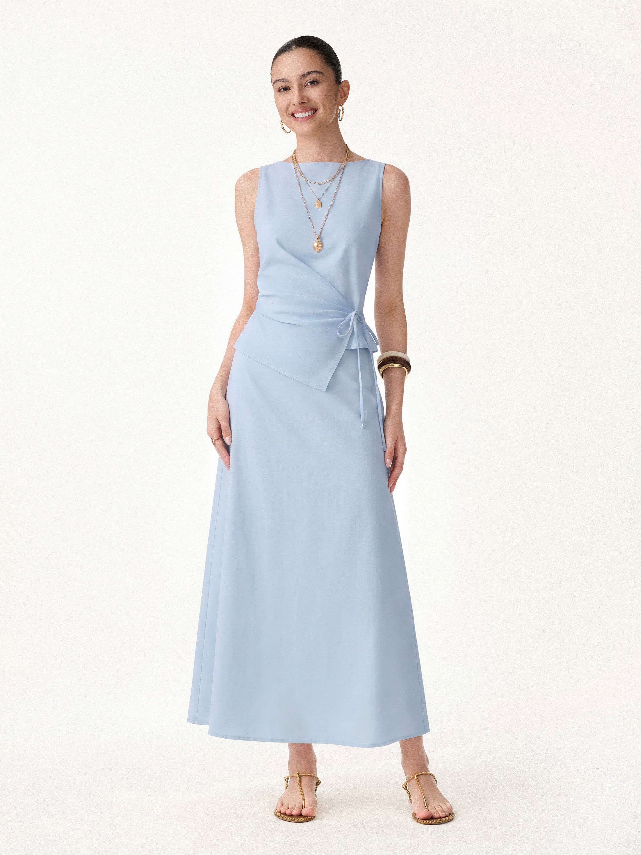 2Pcs Set Boatneck Waist-Defined Top & Maxi Flared Pull-On Skirt