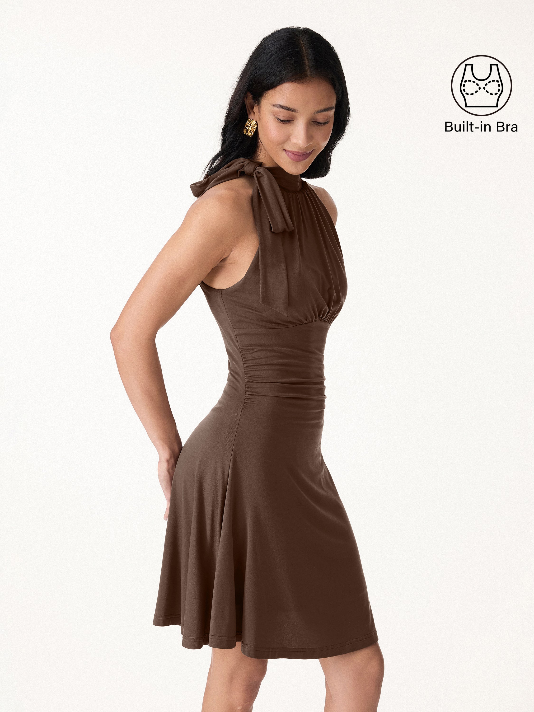 Milky Matte Mockneck Bow Tie Ruched Mini Bra Dress