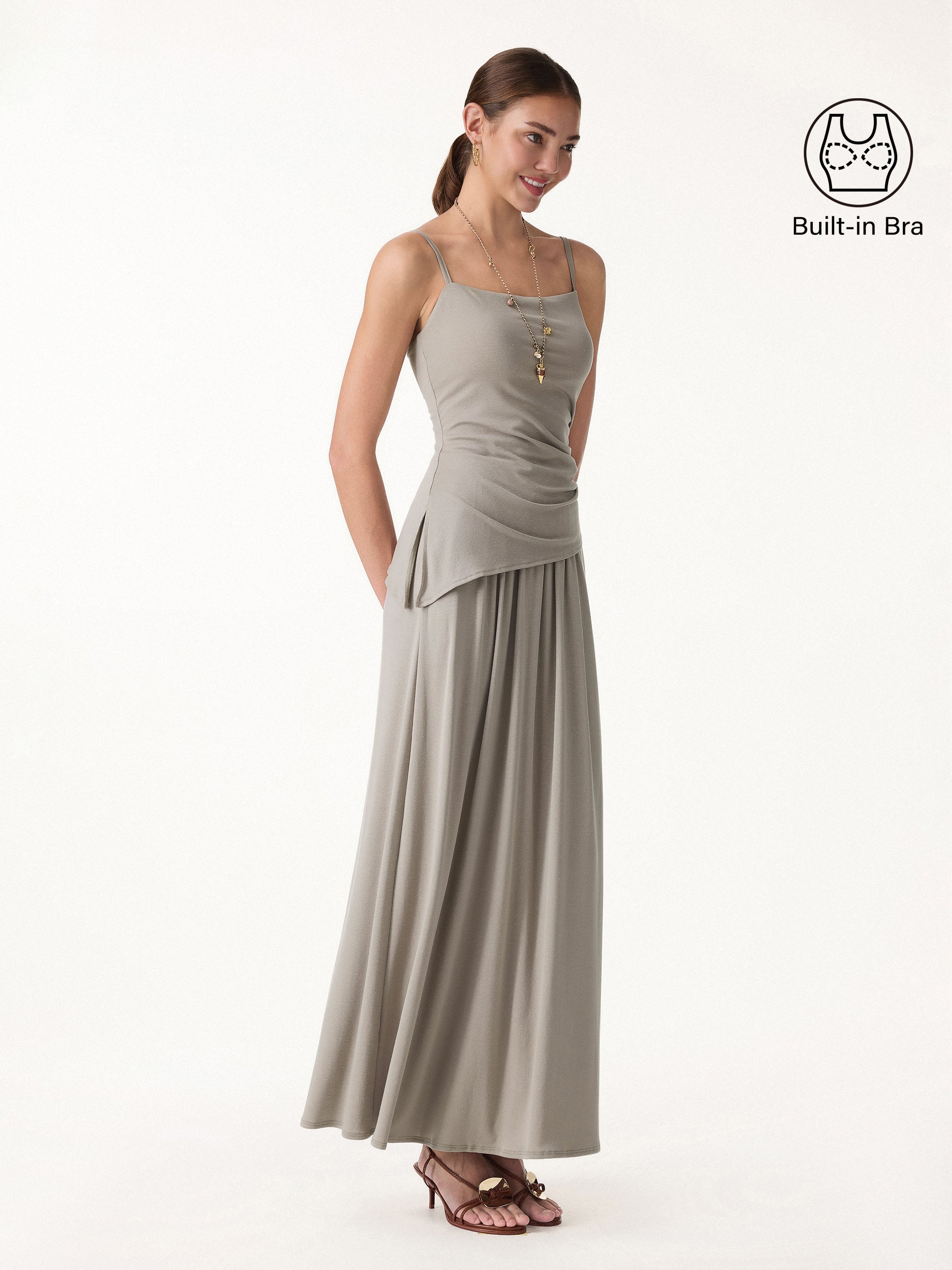 2Pcs Set Spaghetti Bra Top with Side Slit & A-Line Maxi Skirt with Pockets