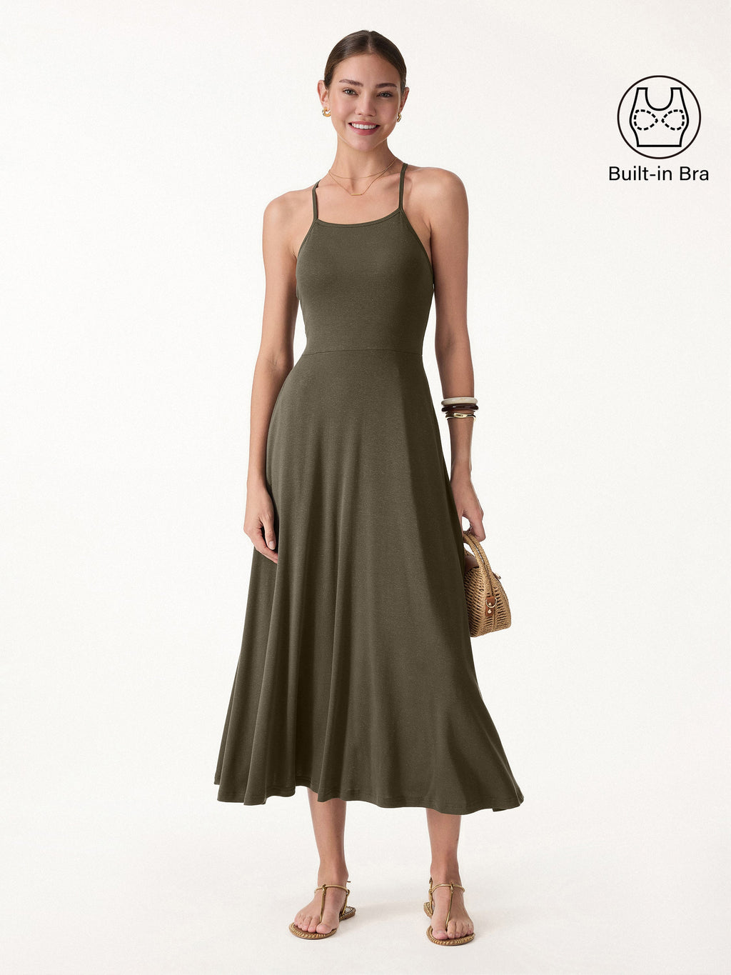 Soft Linen Knit Spaghetti Midi Bra Dress