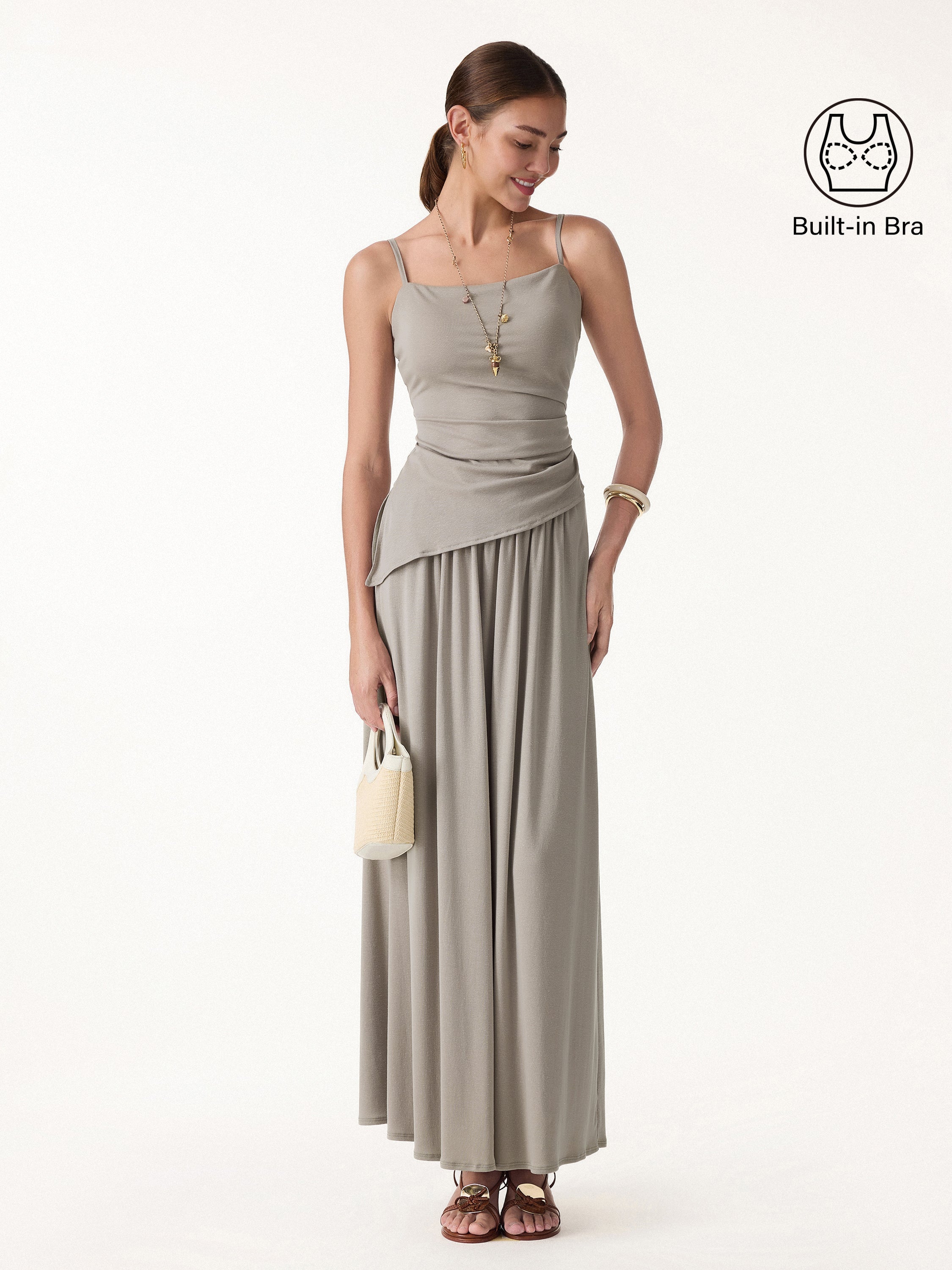 2Pcs Set Spaghetti Bra Top with Side Slit & A-Line Maxi Skirt with Pockets