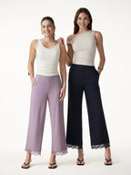 Lace Trim Draped Mid Rise Wide Leg Pants with Pockets