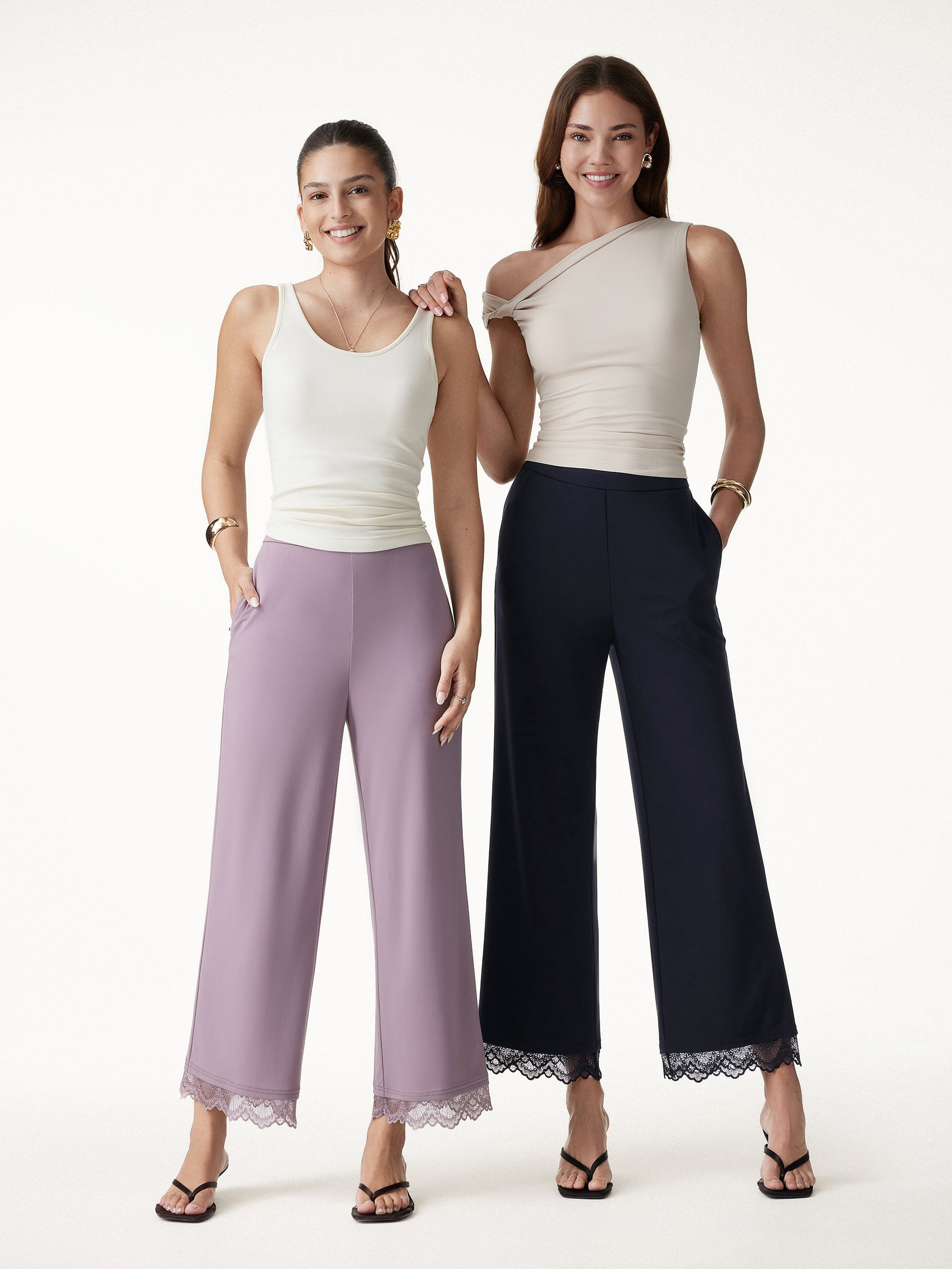 Lace Trim Draped Mid Rise Wide Leg Pants with Pockets