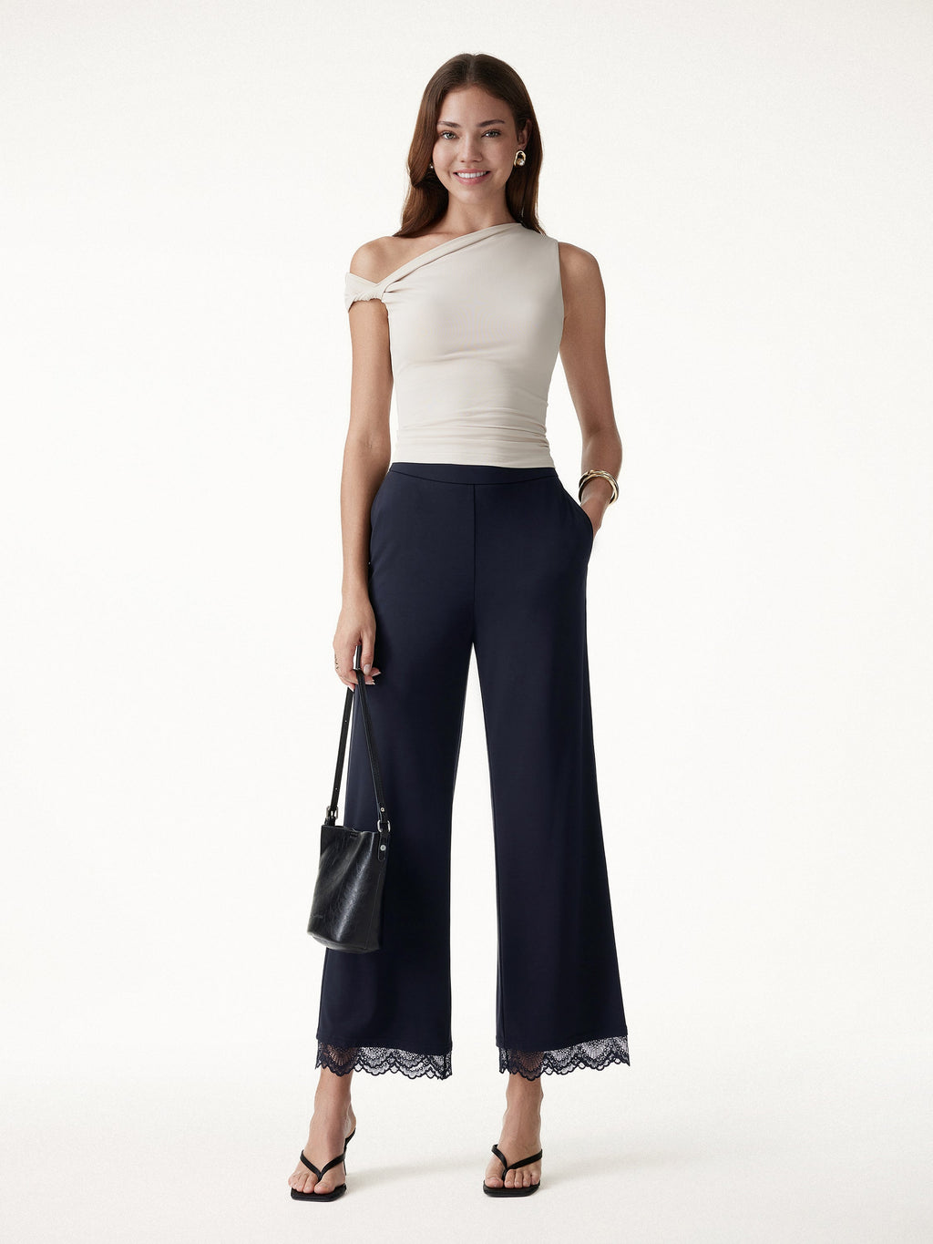 Lace Trim Draped Mid Rise Wide Leg Pants with Pockets