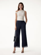 Lace Trim Draped Mid Rise Wide Leg Pants with Pockets
