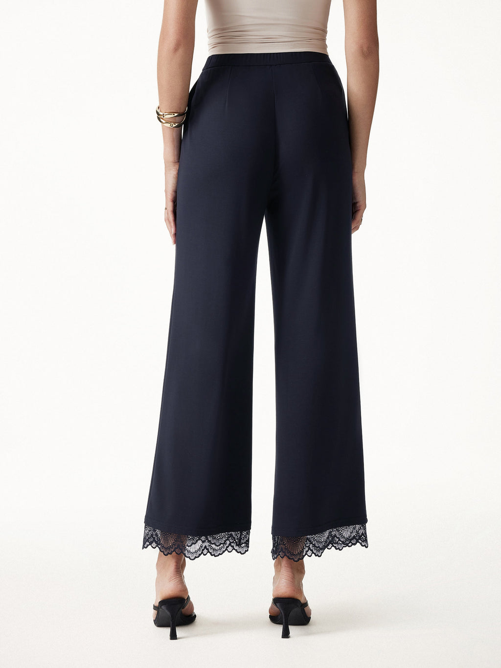 Lace Trim Draped Mid Rise Wide Leg Pants with Pockets