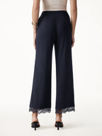 Lace Trim Draped Mid Rise Wide Leg Pants with Pockets