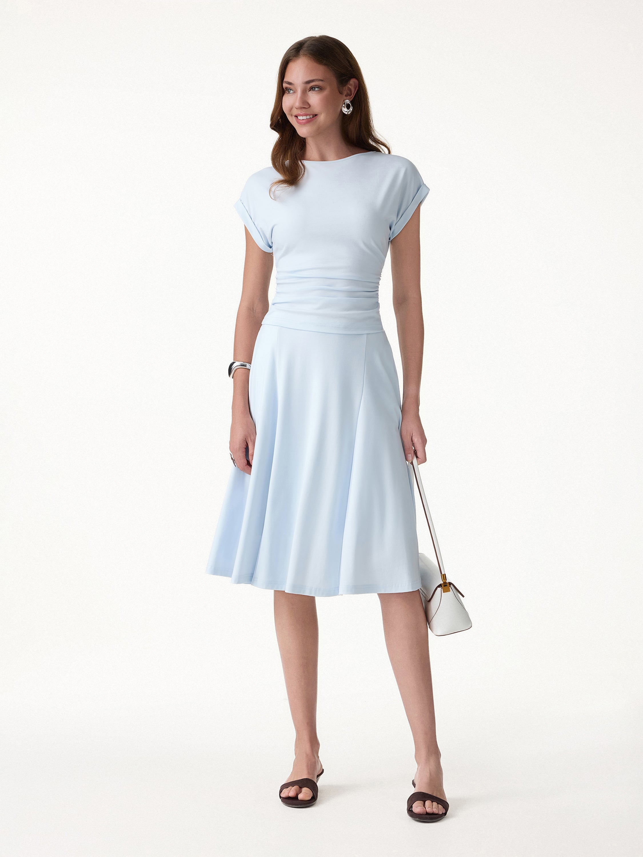 2Pcs Set Round Neck Tee & Midi Skirt with Pockets