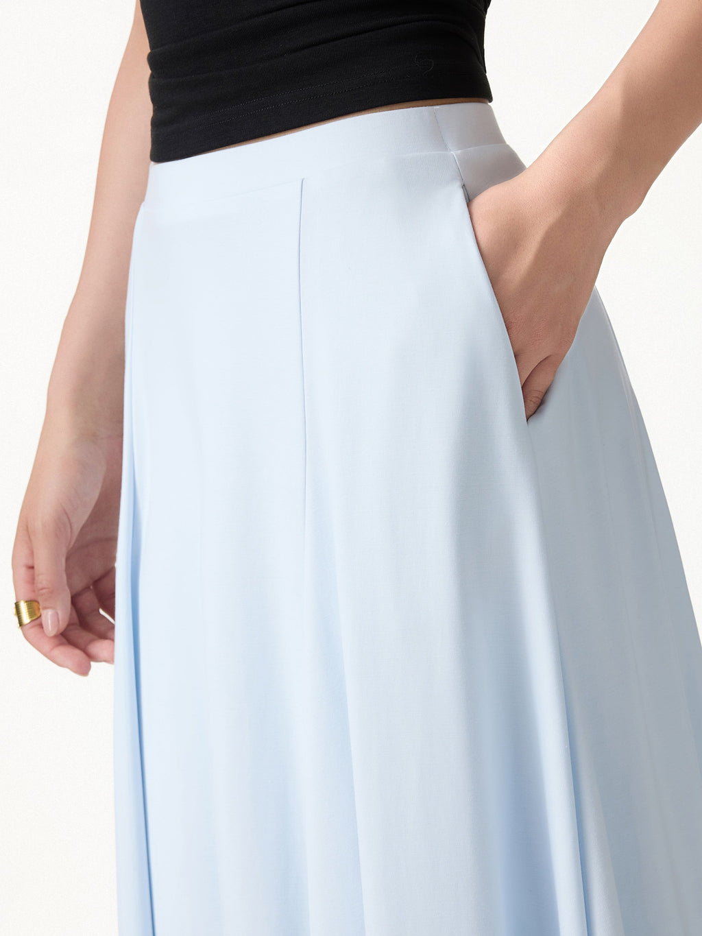 2Pcs Set Round Neck Tee & Midi Skirt with Pockets