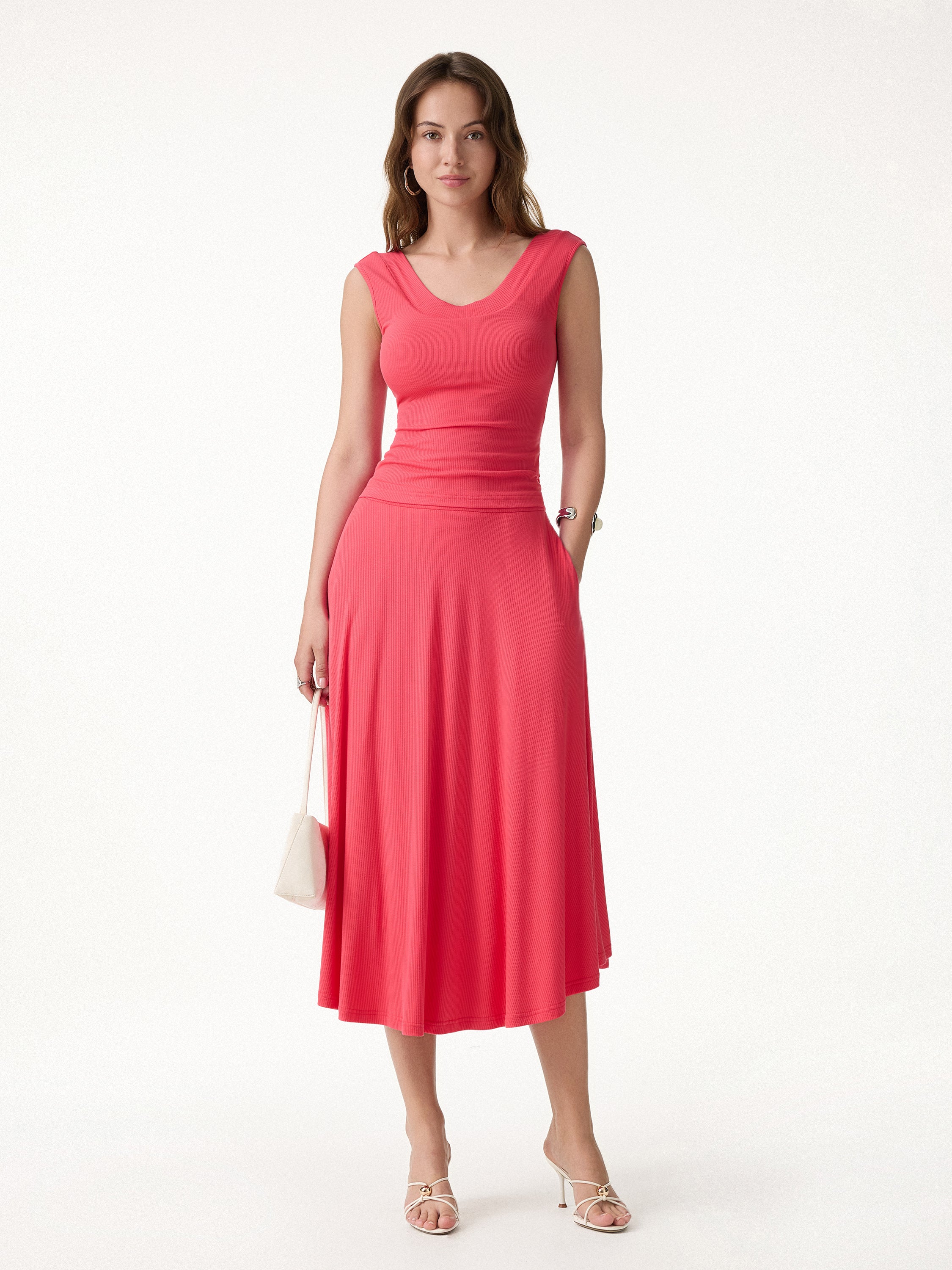 2Pcs Set U-Neck Bra Tank & Midi Skirt with Pockets