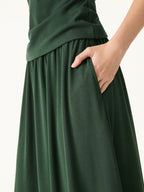 2Pcs Set Stretch Cotton Boatneck Bra Tank & Maxi Umbrella Skirt with Pockets