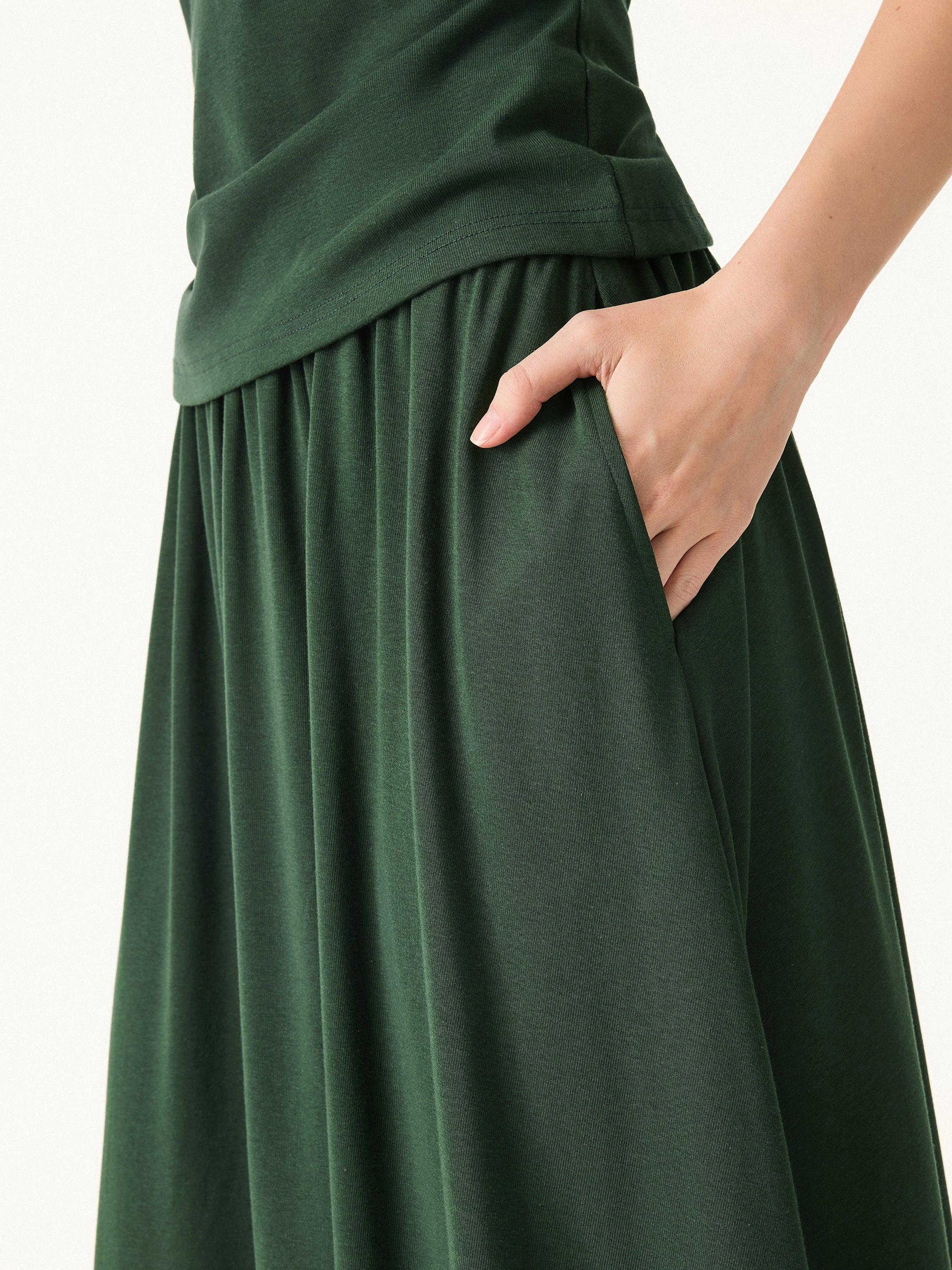 2Pcs Set Stretch Cotton Boatneck Bra Tank & Maxi Umbrella Skirt with Pockets