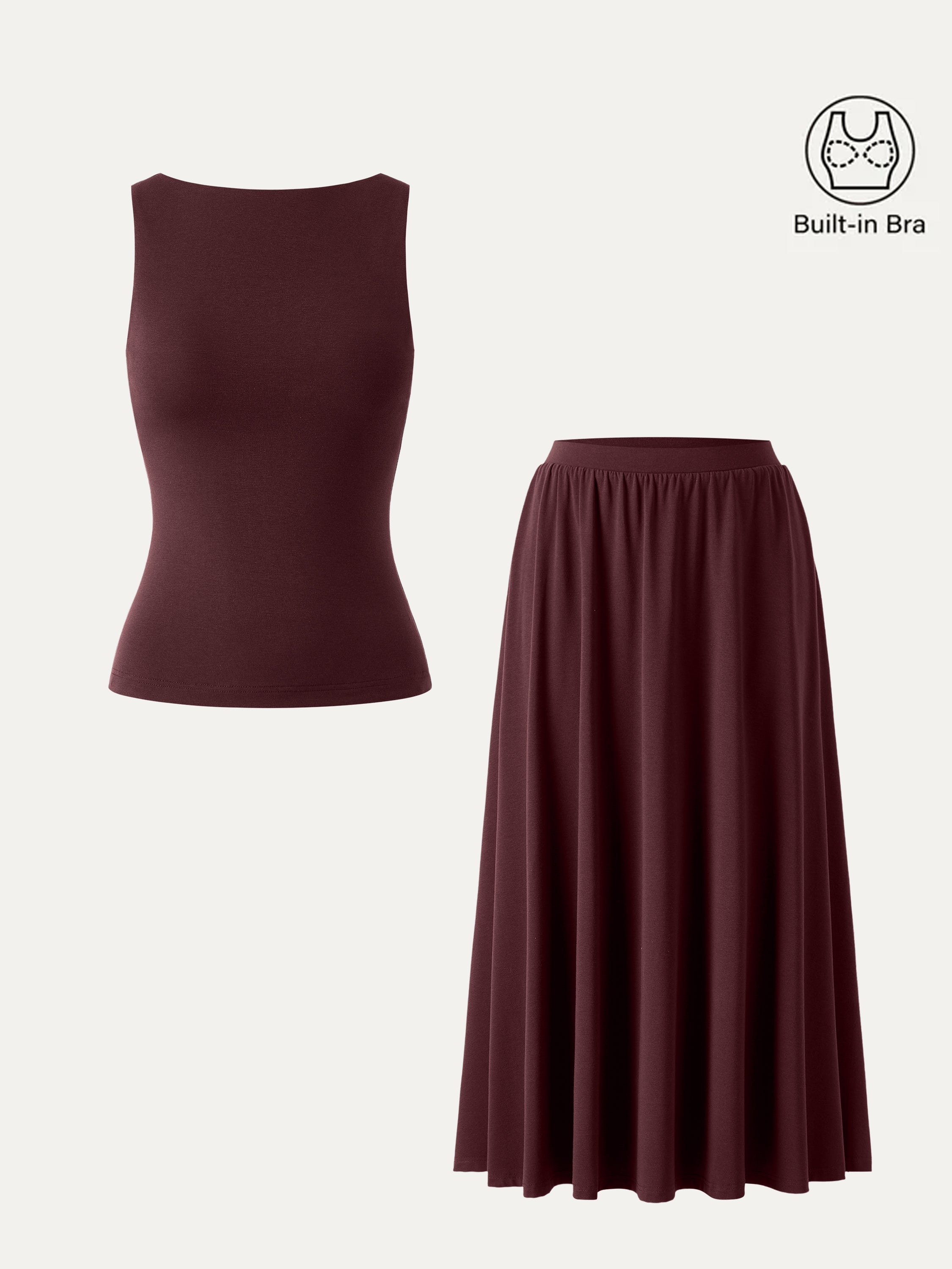 2Pcs Set Stretch Cotton Boatneck Bra Tank & Maxi Umbrella Skirt with Pockets