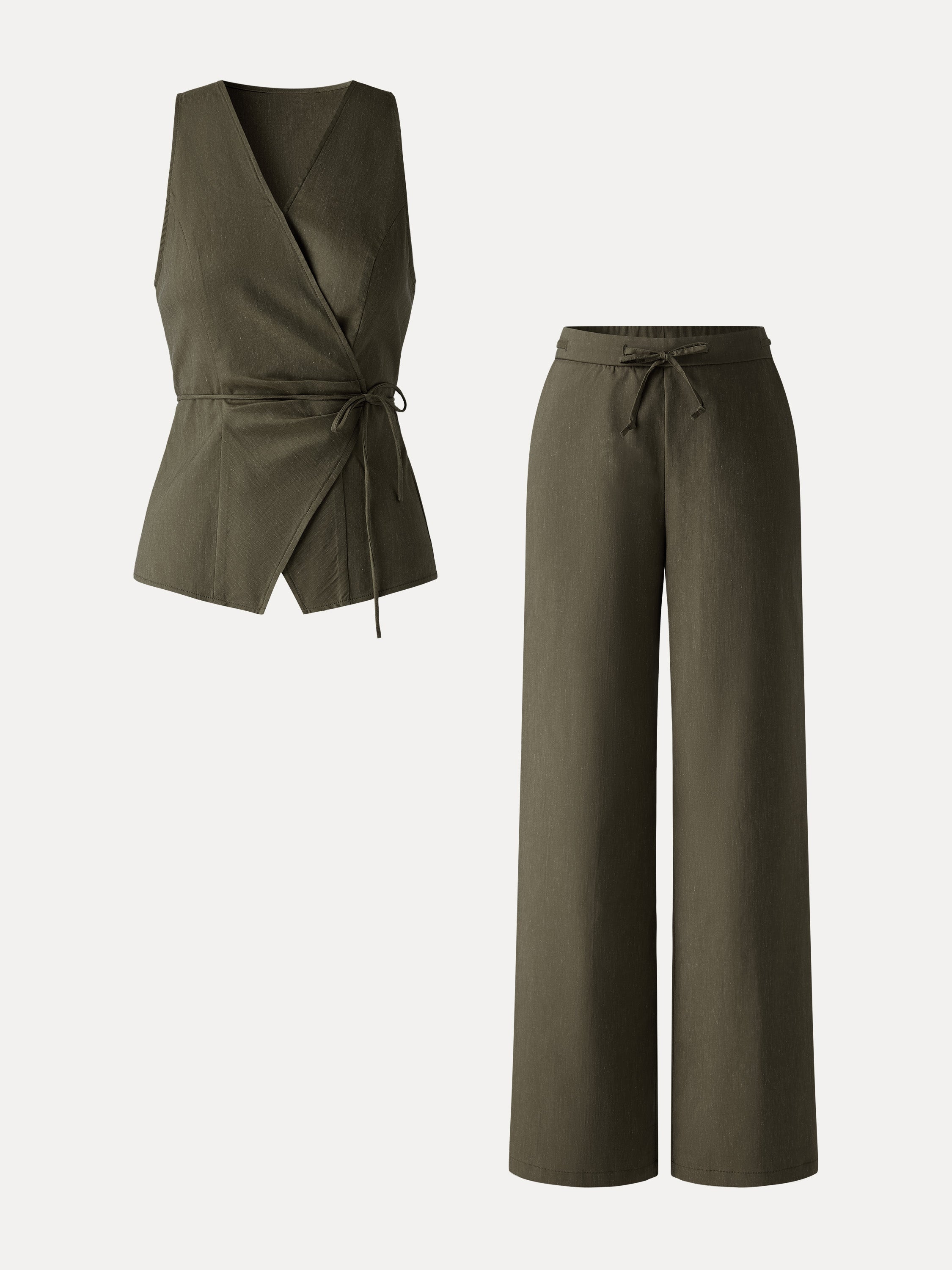 2Pcs Set Wrap Top with Self-Tie & Drawstring Wide Leg Pant with Pockets