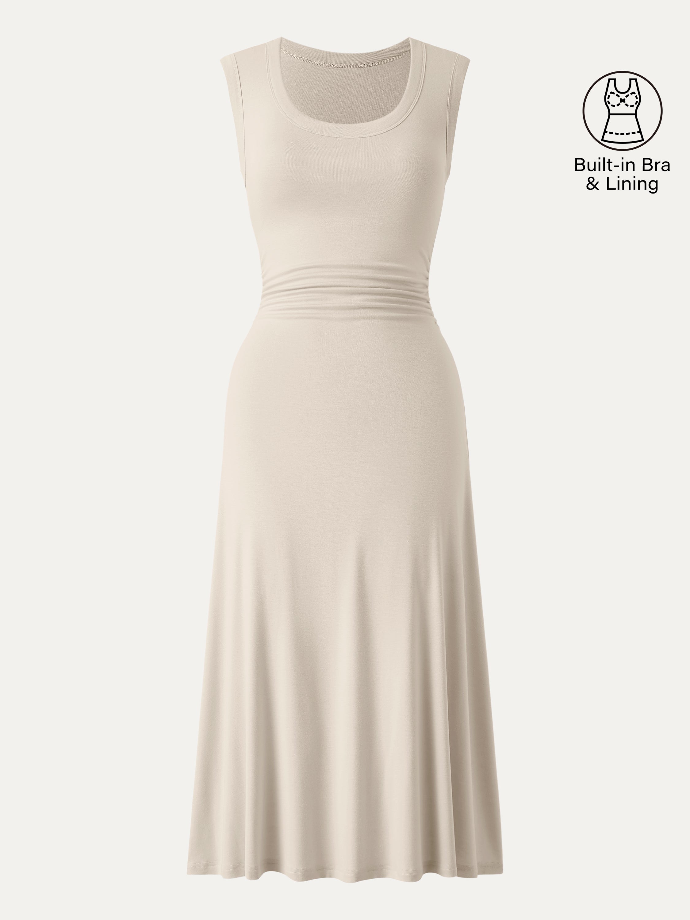 Scoop Neck Side Ruched New Airy Bra Midi Dress