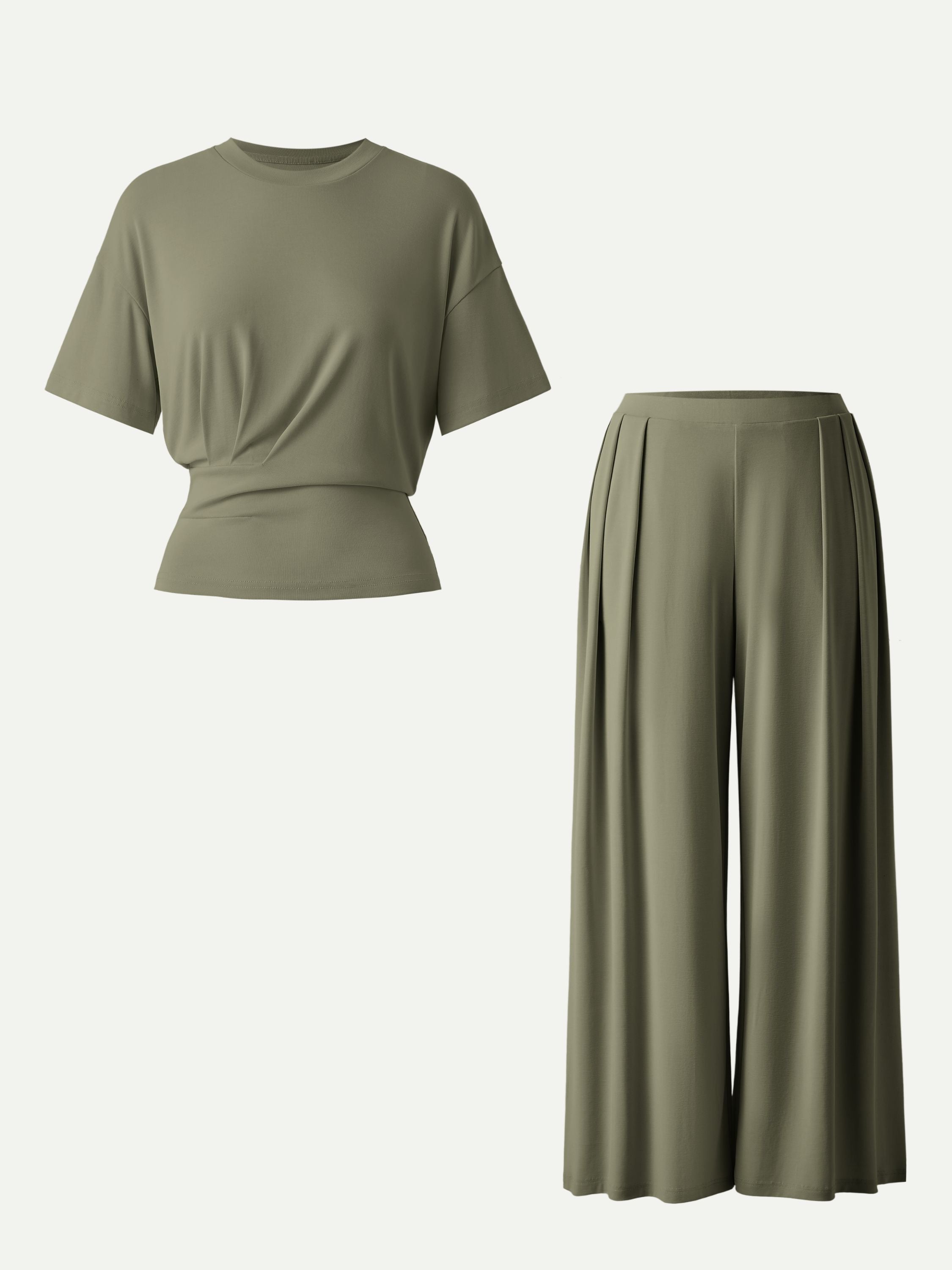 2Pcs Set Crewneck Short Sleeve Tee & Mid Rise Pleated Wide Leg Pant with Pockets