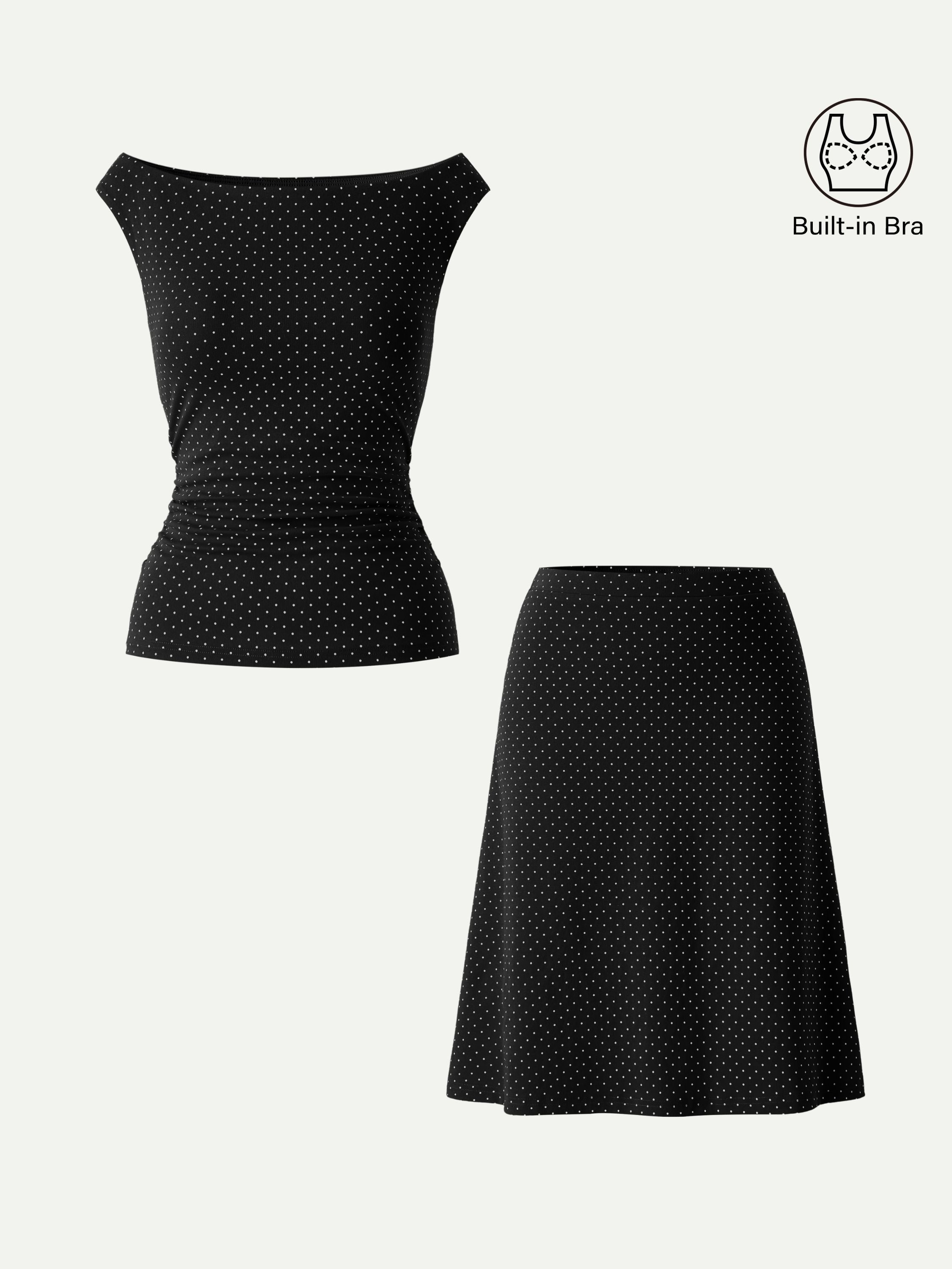 2Pcs Set Polka Dot Boatneck Bra Top & A-Line Flare Skirt Limited Edition