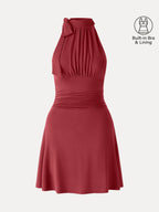 Milky Matte Mockneck Bow Tie Ruched Mini Bra Dress