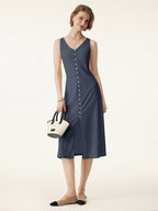 2Pcs Set V-neck Button Front Midi Vest Dress & Mid Rise Straight Leg Pant