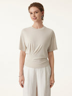 2Pcs Set Crewneck Short Sleeve Tee & Mid Rise Pleated Wide Leg Pant with Pockets
