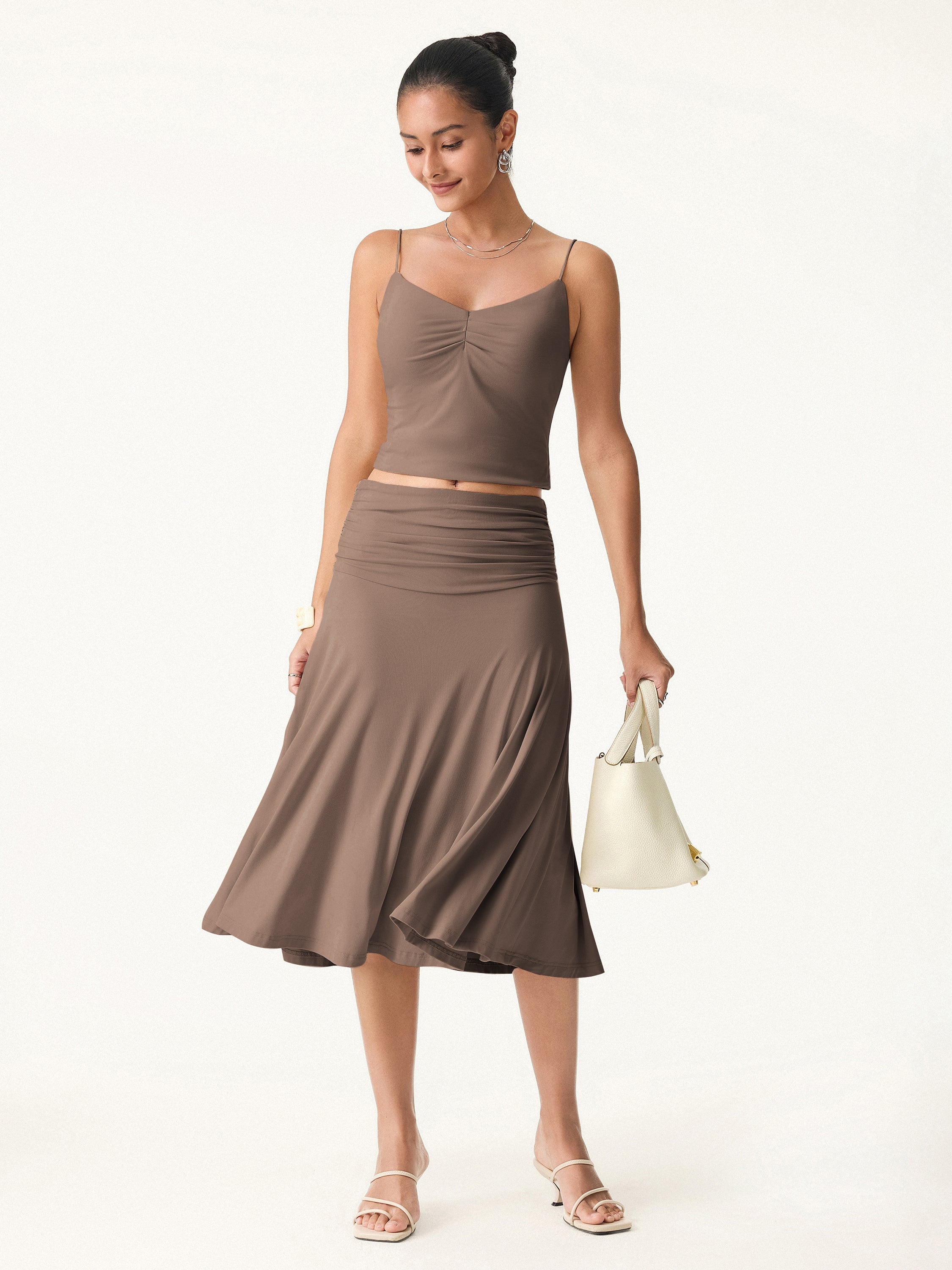 Flowy Side Ruched A-line Midi Skirt
