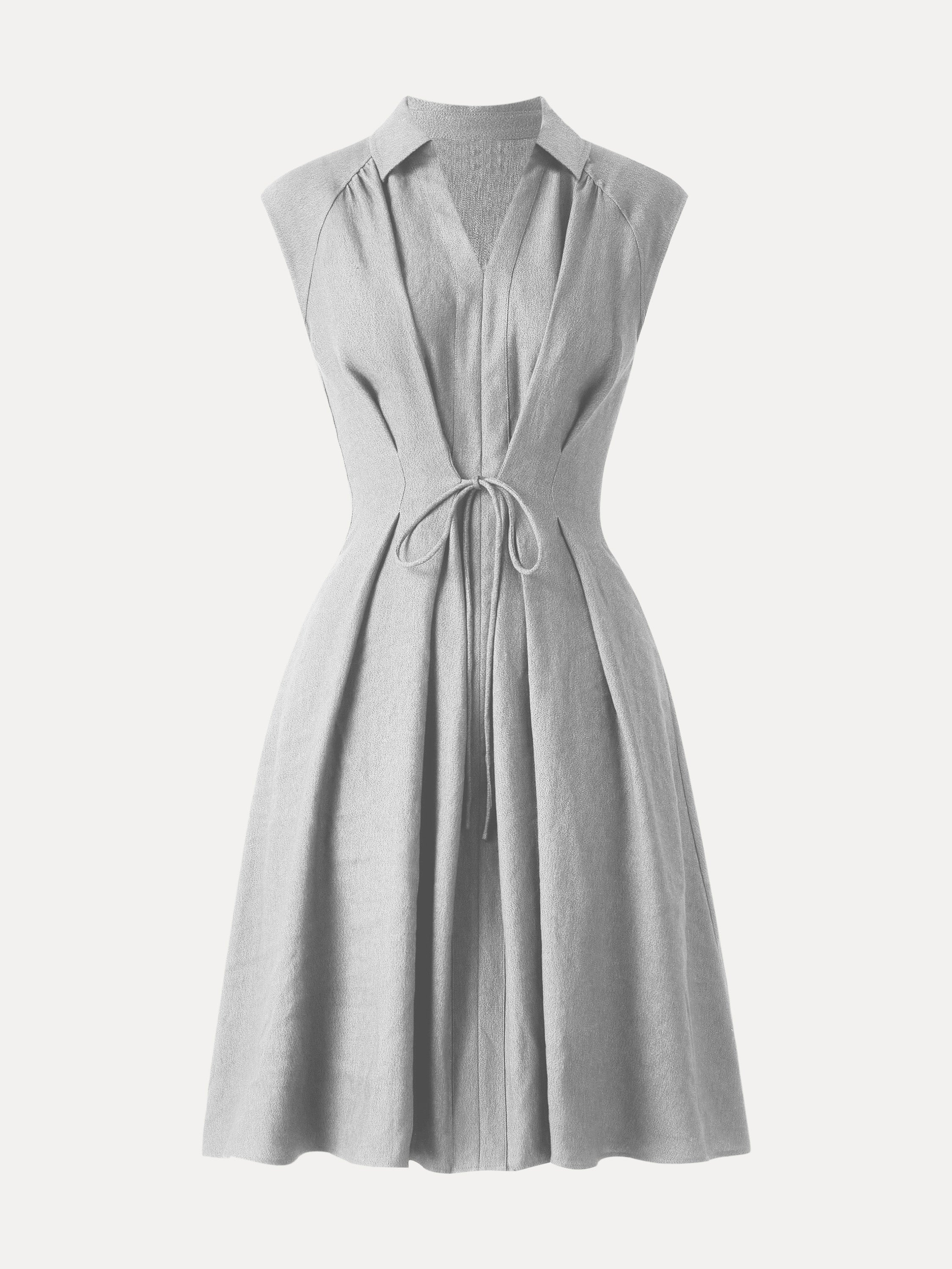Viscose-Linen Collared V-neck Midi Dress with Drawstring