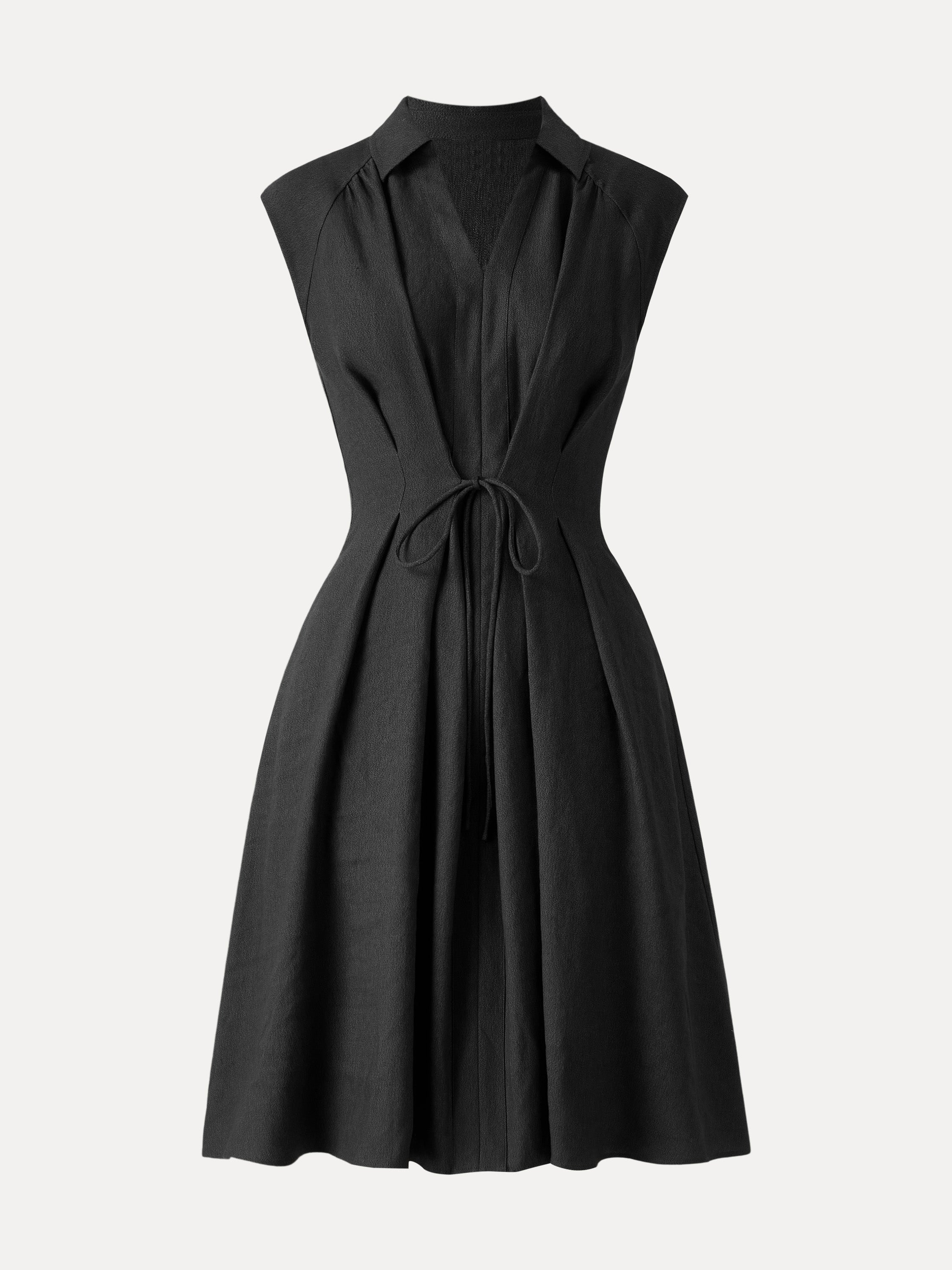 Viscose-Linen Collared V-neck Midi Dress with Drawstring