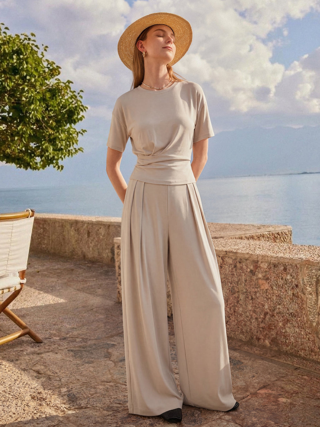 2Pcs Set Crewneck Short Sleeve Tee & Mid Rise Pleated Wide Leg Pant with Pockets