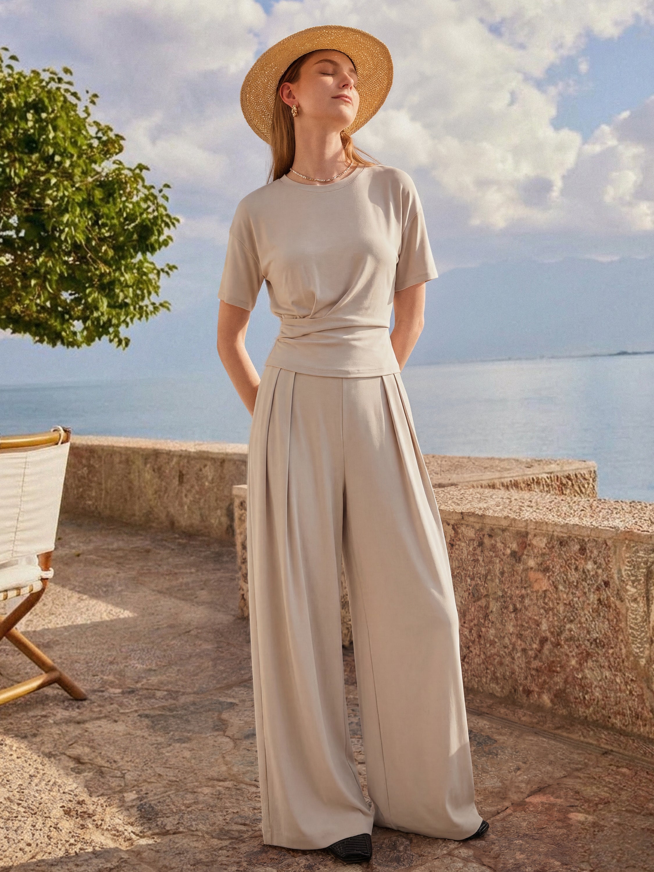 2Pcs Set Crewneck Short Sleeve Tee & Mid Rise Pleated Wide Leg Pant with Pockets