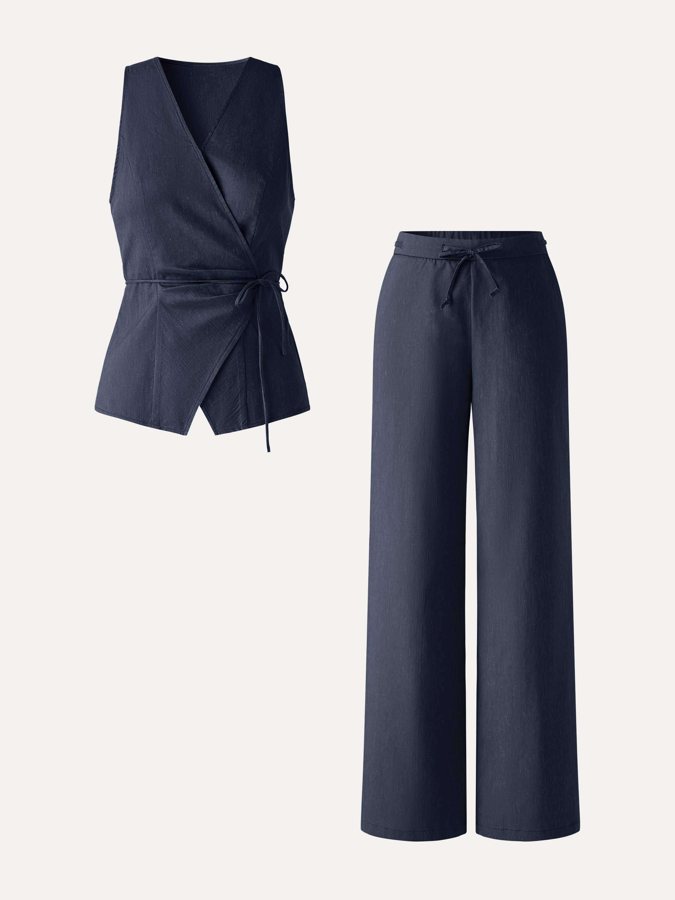2Pcs Set Wrap Top with Self-Tie & Drawstring Wide Leg Pant with Pockets