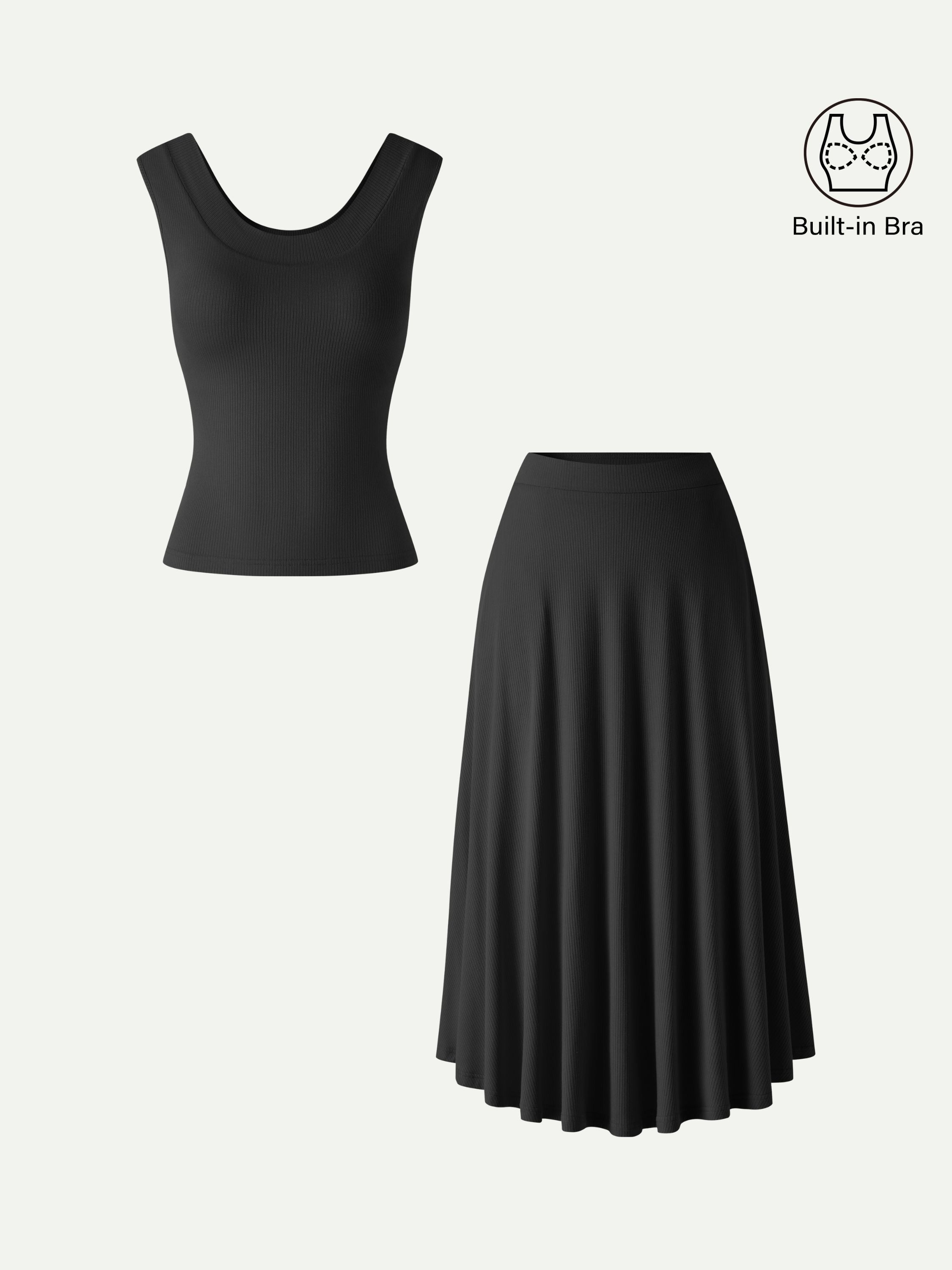 2Pcs Set U-Neck Bra Tank & Midi Skirt with Pockets