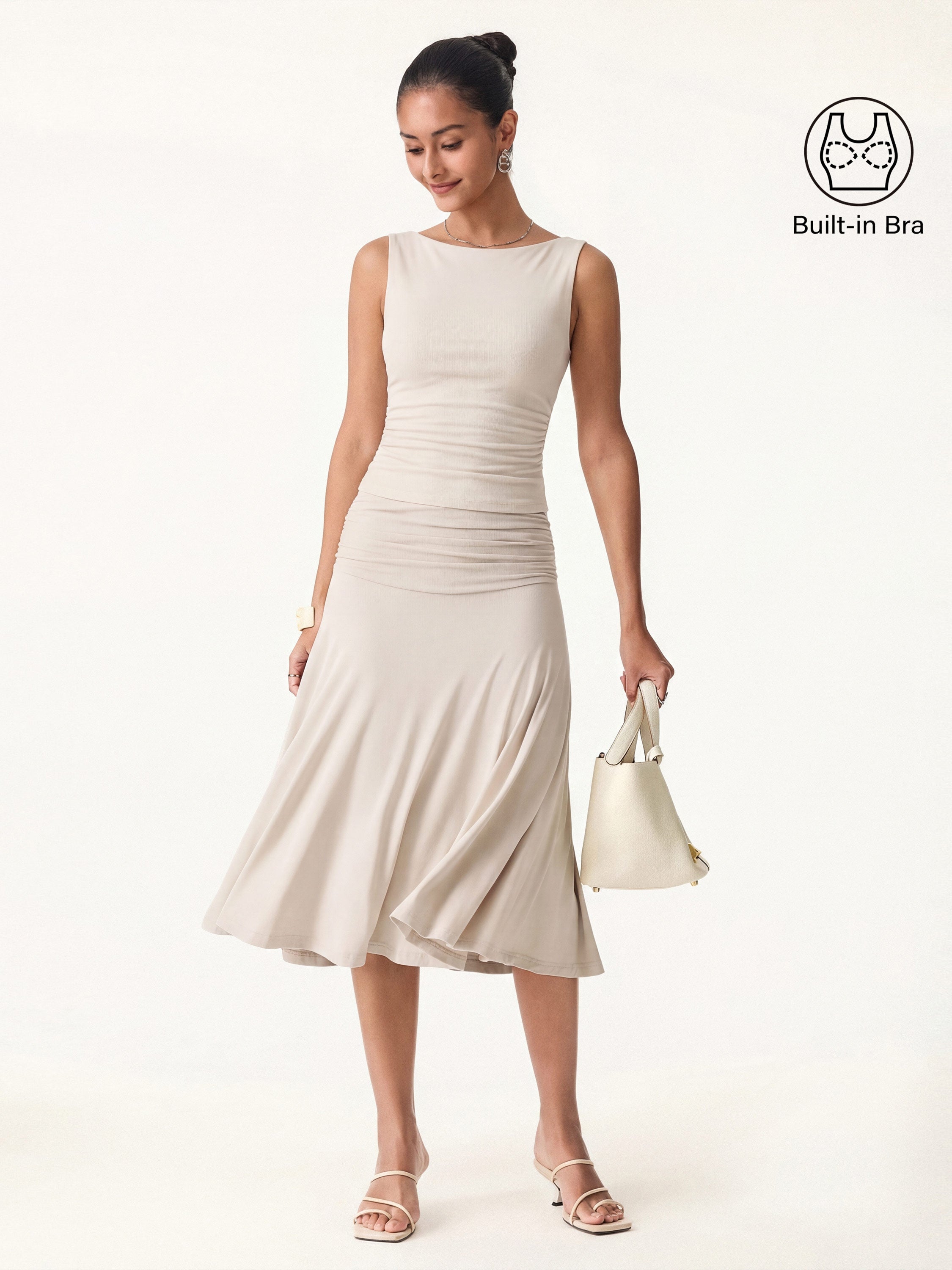 2Pcs Set Open Back Bra Tank & Side Ruched A-line Midi Skirt