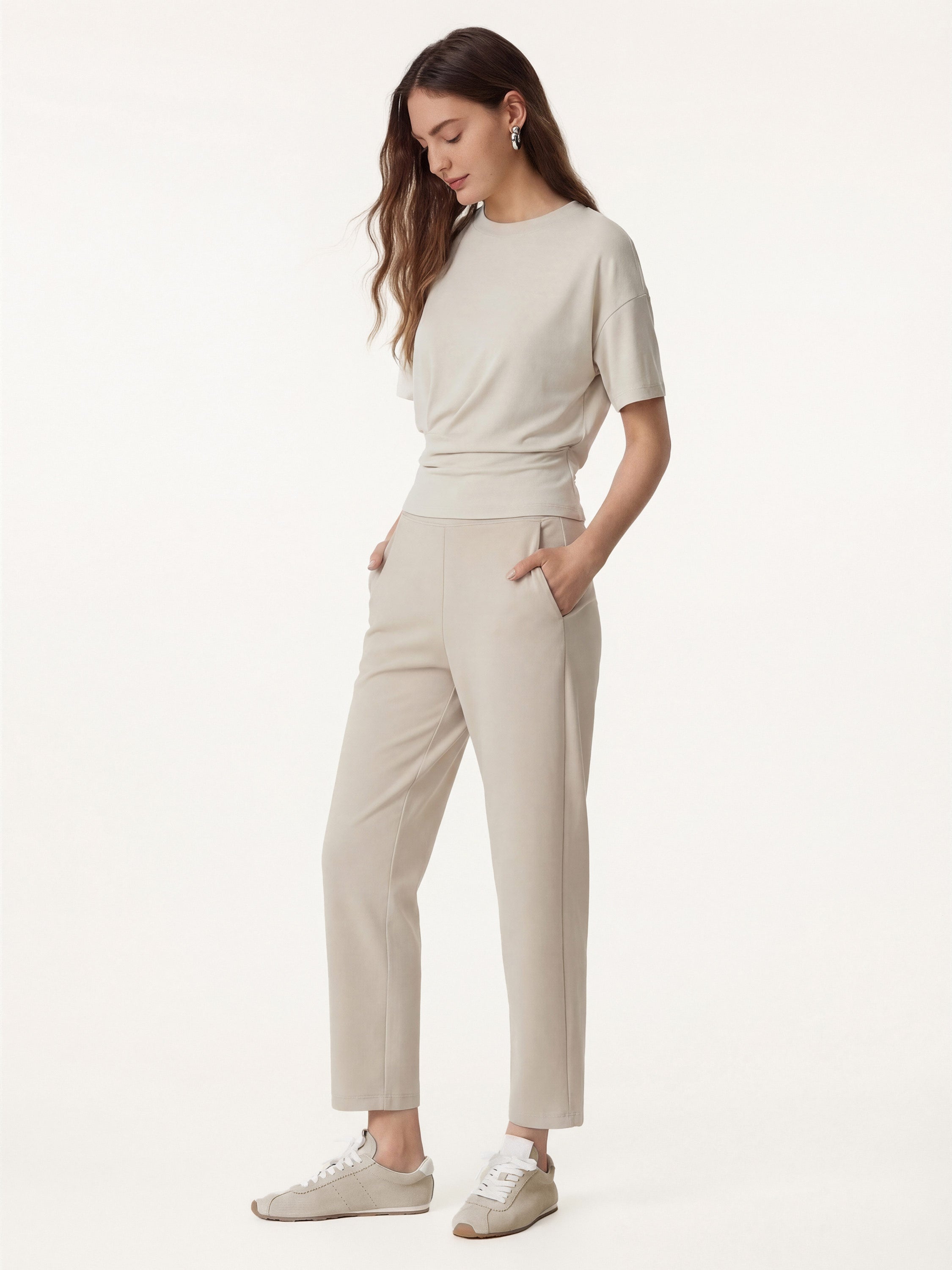 2Pcs Set Crewneck Tucked Tee & Mid Rise Tapered Pant with Pockets