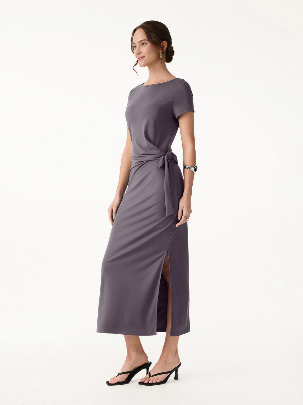 Cooling Wrinkle-Resistant Side Waist Tie Midi Dress with Slit