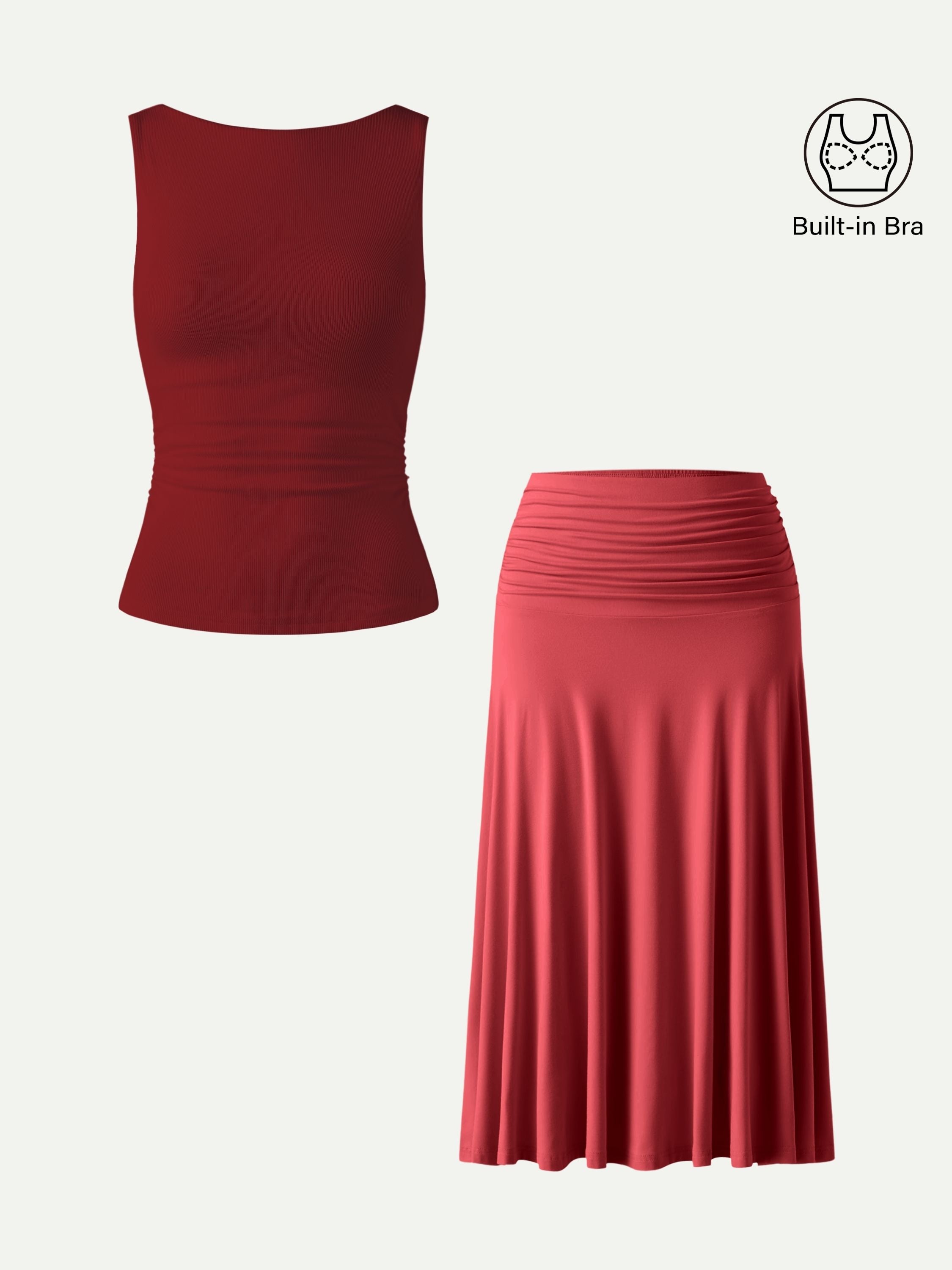 2Pcs Set Open Back Bra Tank & Side Ruched A-line Midi Skirt