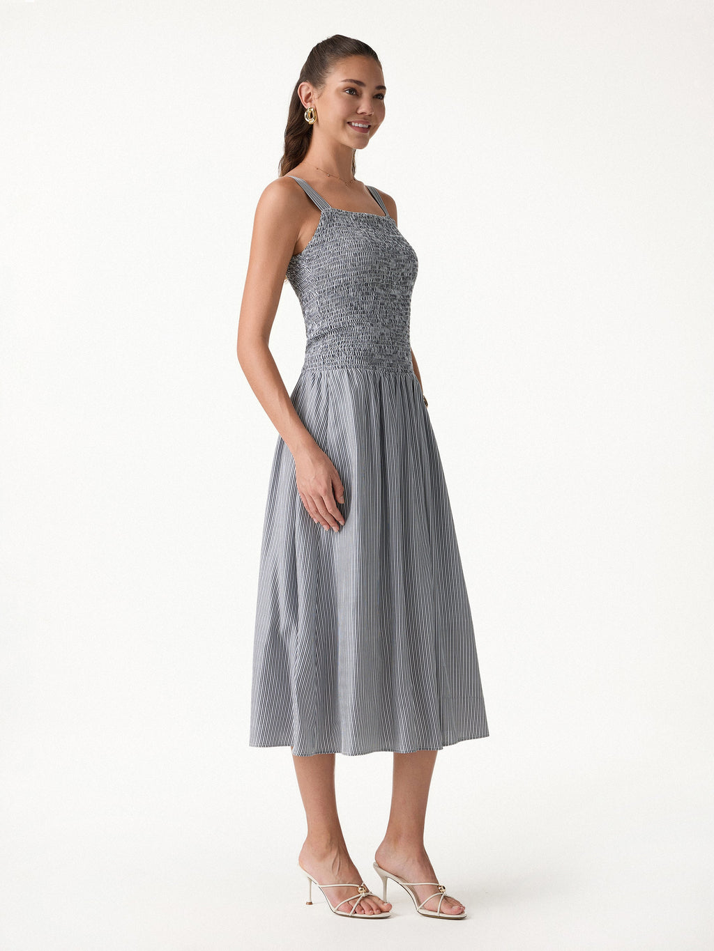 Striped Poplin Square Neck Smocked Midi Bra Dress