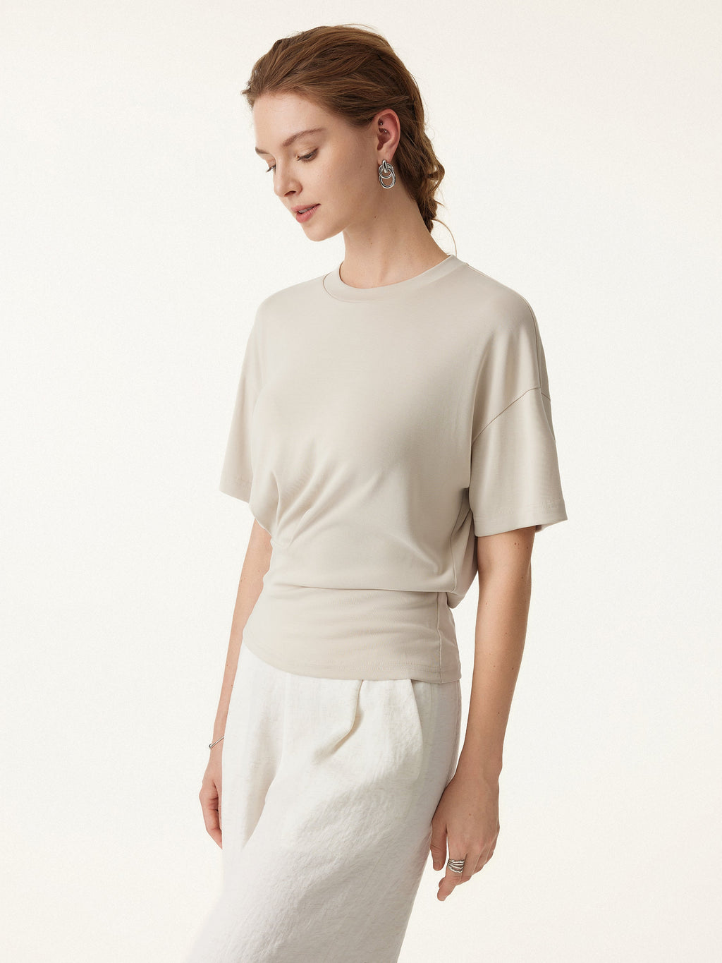 2Pcs Set Crewneck Short Sleeve Tee & Mid Rise Pleated Wide Leg Pant with Pockets