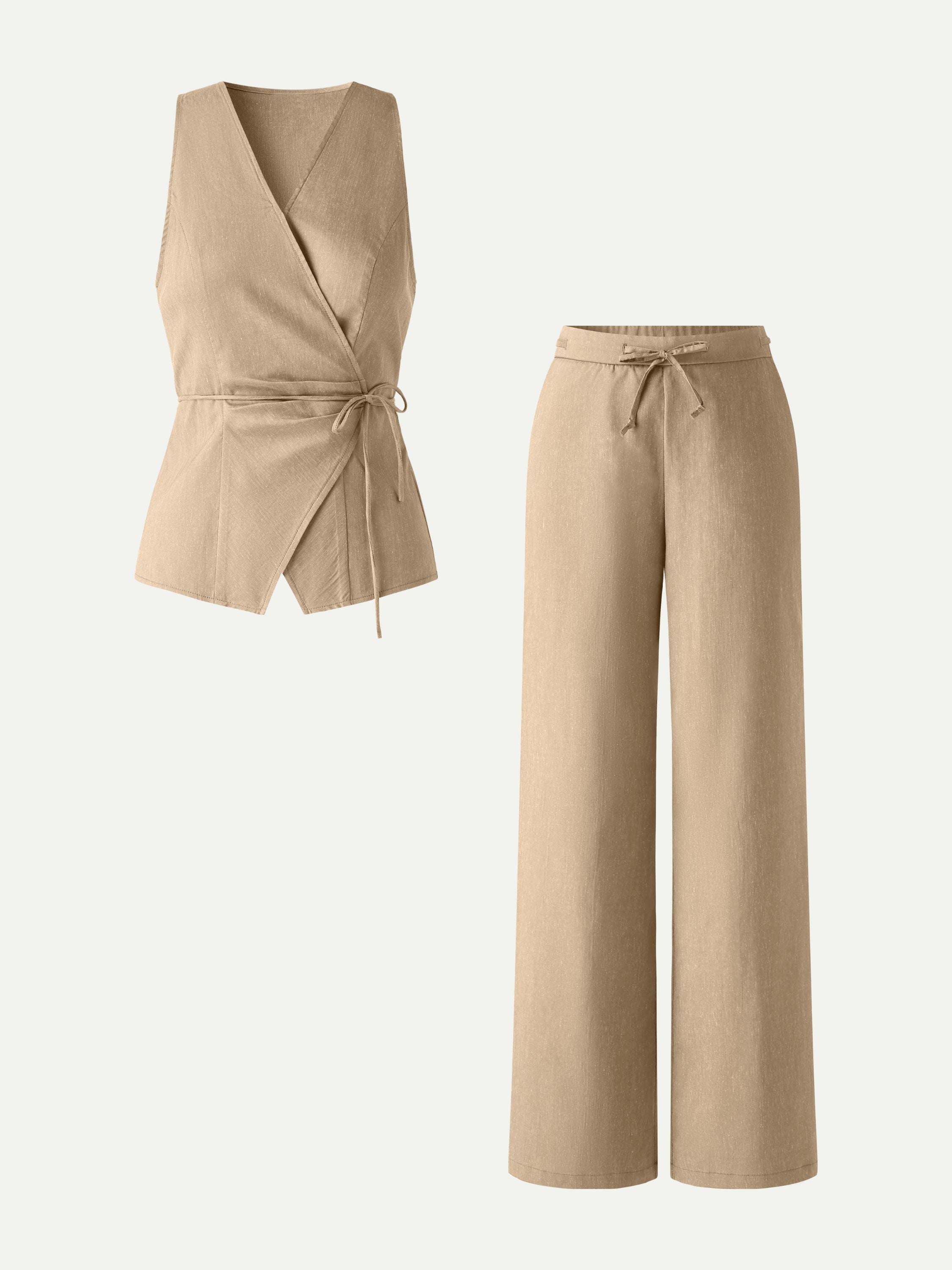 2Pcs Set Wrap Top with Self-Tie & Drawstring Wide Leg Pant with Pockets
