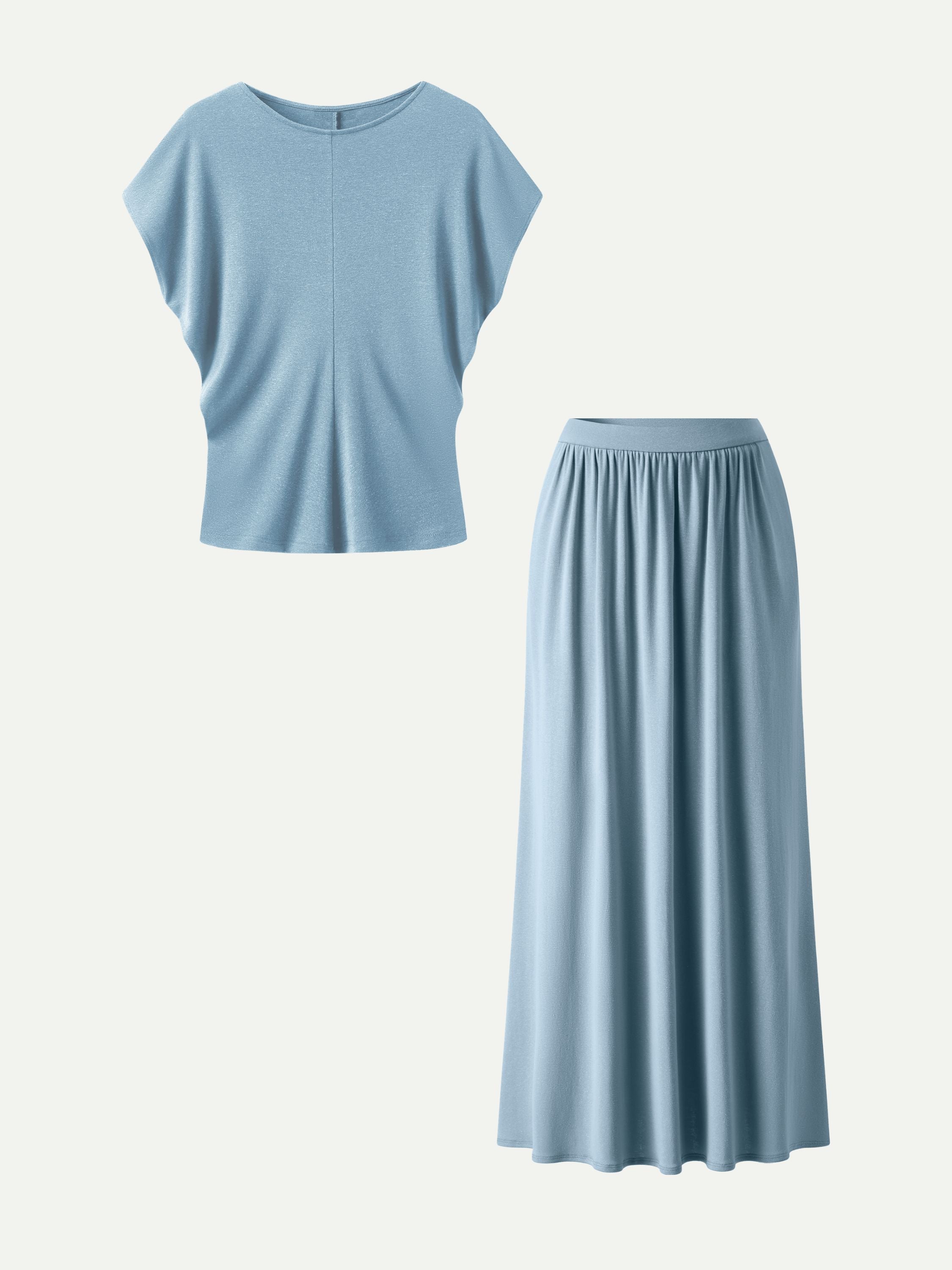 2Pcs Set Round Neck Top & A-Line Maxi Skirt with Pockets