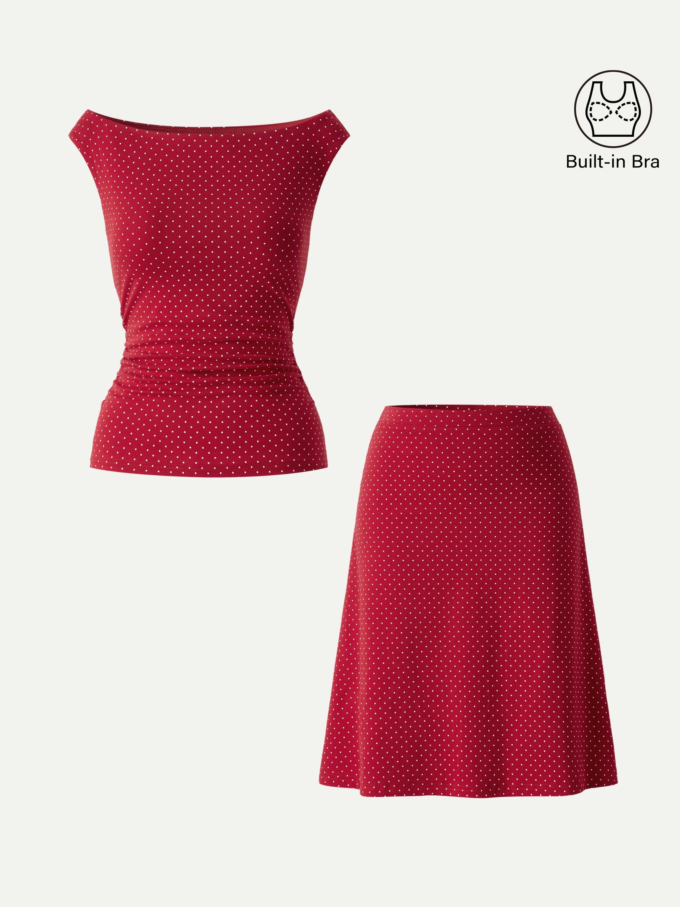 2Pcs Set Polka Dot Boatneck Bra Top & A-Line Flare Skirt Limited Edition