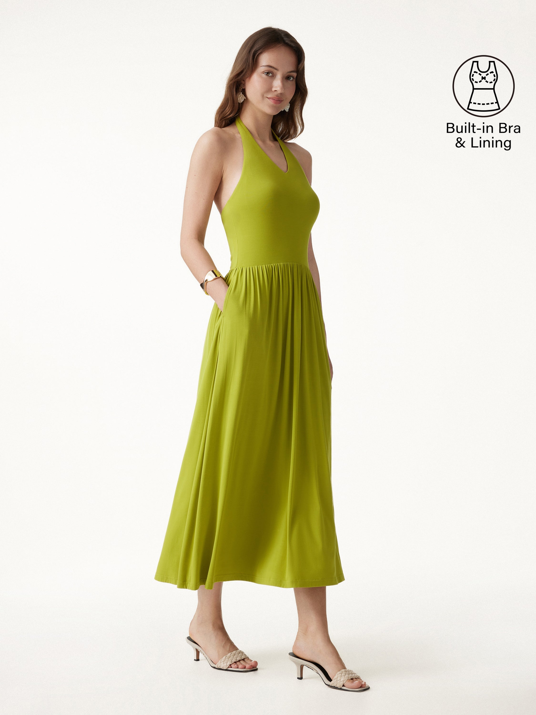 SkinKiss Halter Ruched Midi Bra Dress with Pockets