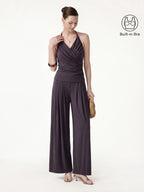 2Pcs Set Halter Neck Surplice Bra Top & Tucked Palazzo Pant with Pockets