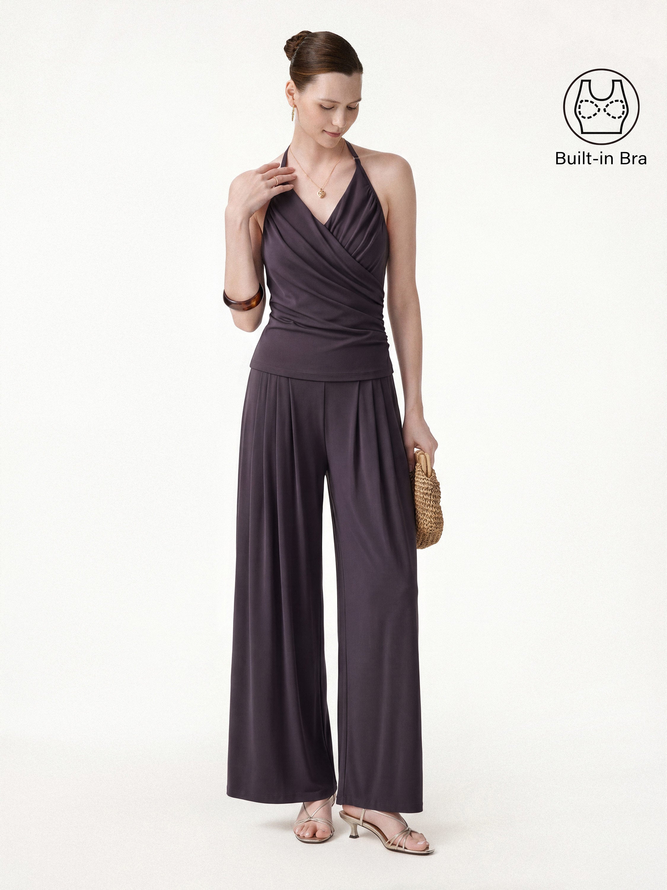 2Pcs Set Halter Neck Surplice Bra Top & Tucked Palazzo Pant with Pockets